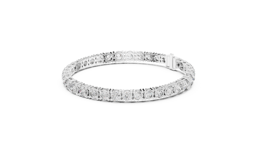 White gold diamond tennis bracelet, small angled view with round stones and box clasp