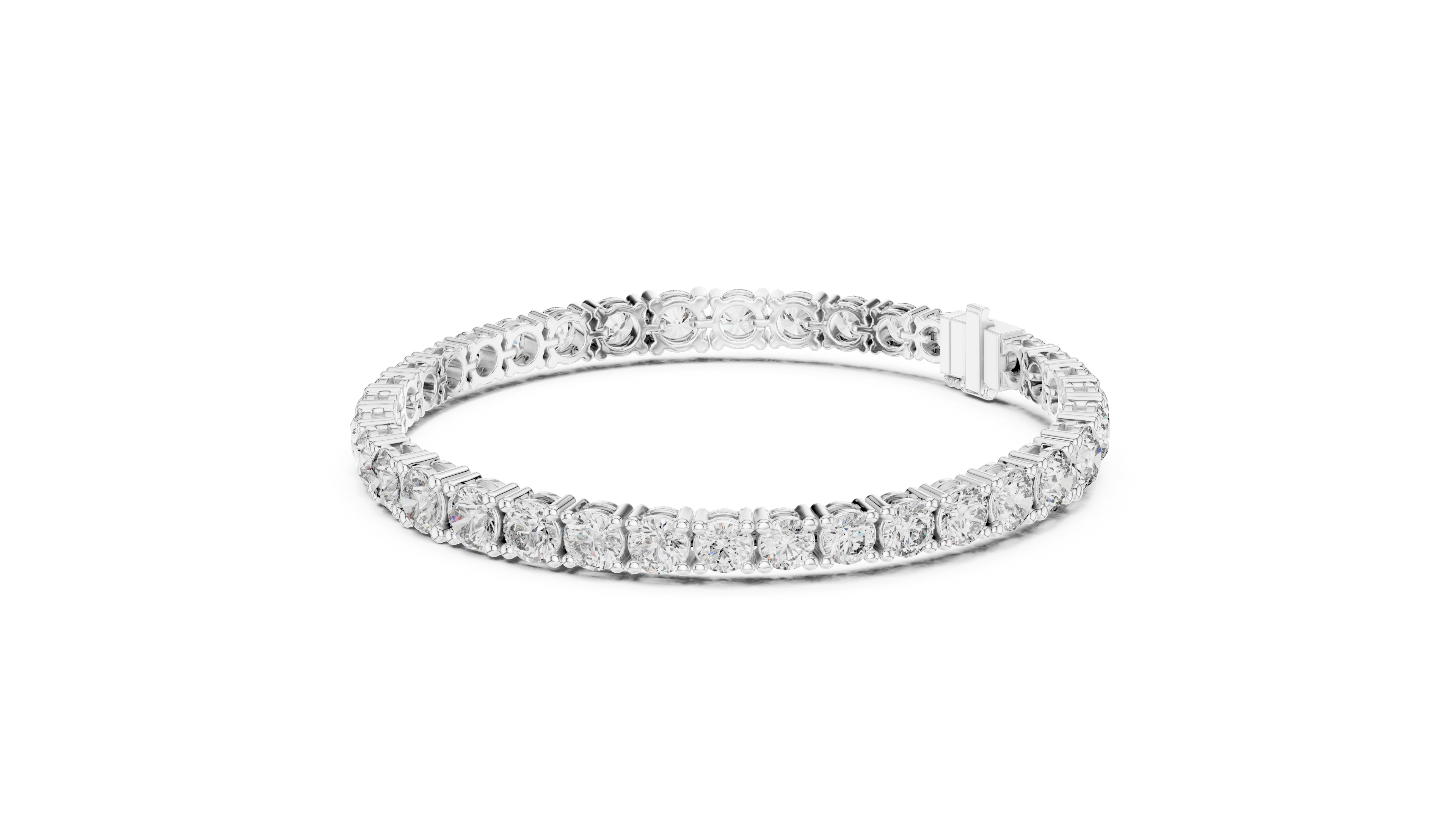 White gold diamond tennis bracelet, small angled view with round stones and box clasp