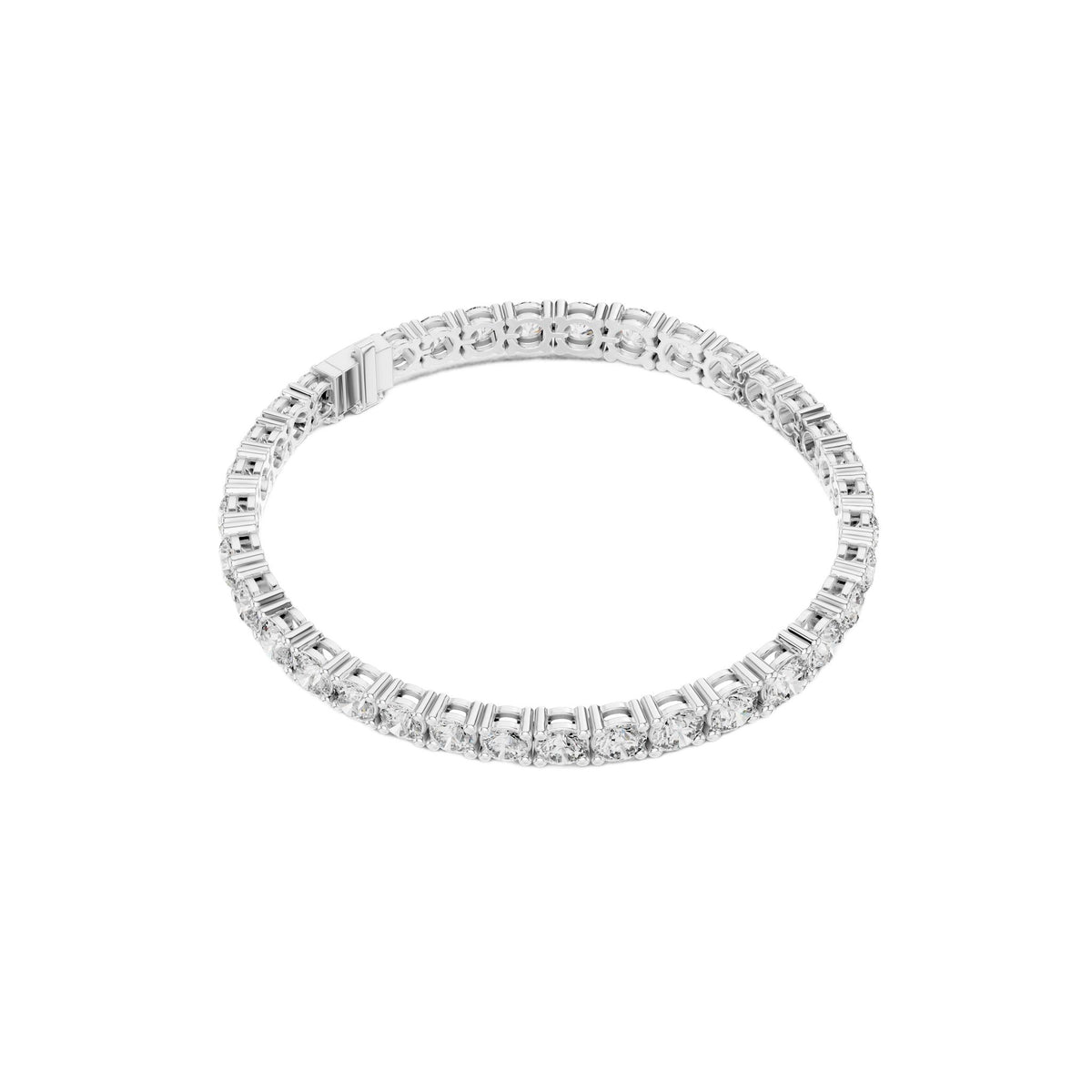 White gold diamond tennis bracelet with round diamonds in raised bezels