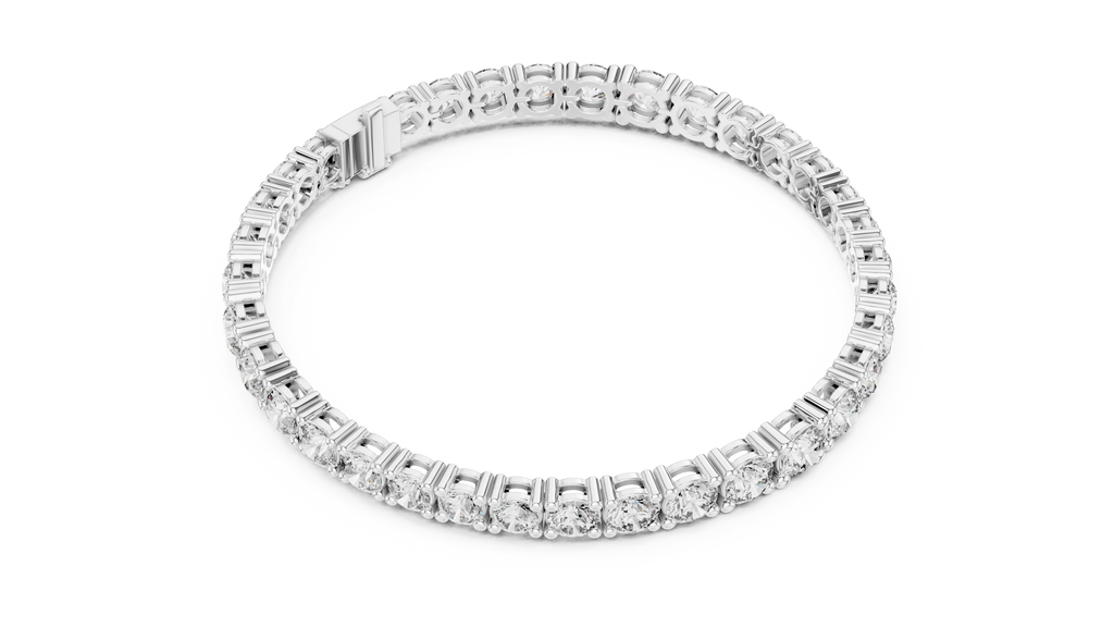 White gold diamond tennis bracelet, close view of round stone row and open bracelet frame