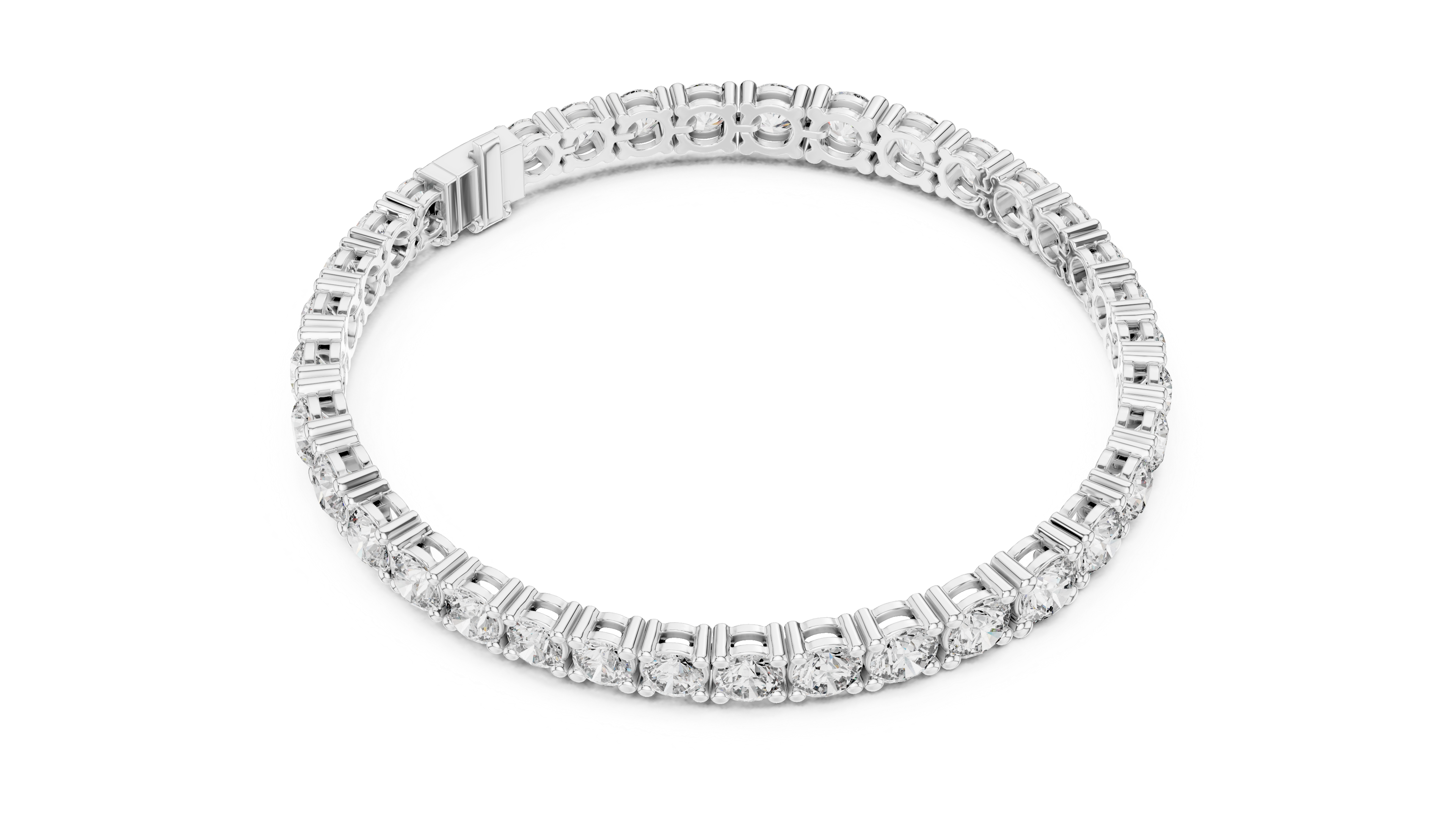 White gold diamond tennis bracelet, close view of round stone row and open bracelet frame