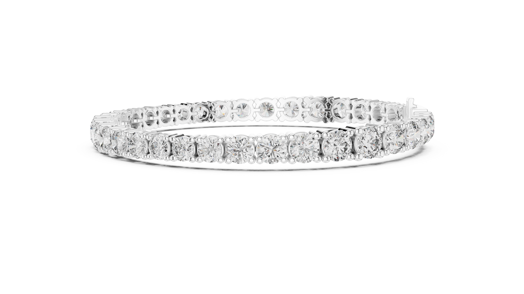 White gold diamond tennis bracelet, side view with round prong-set stones and box clasp