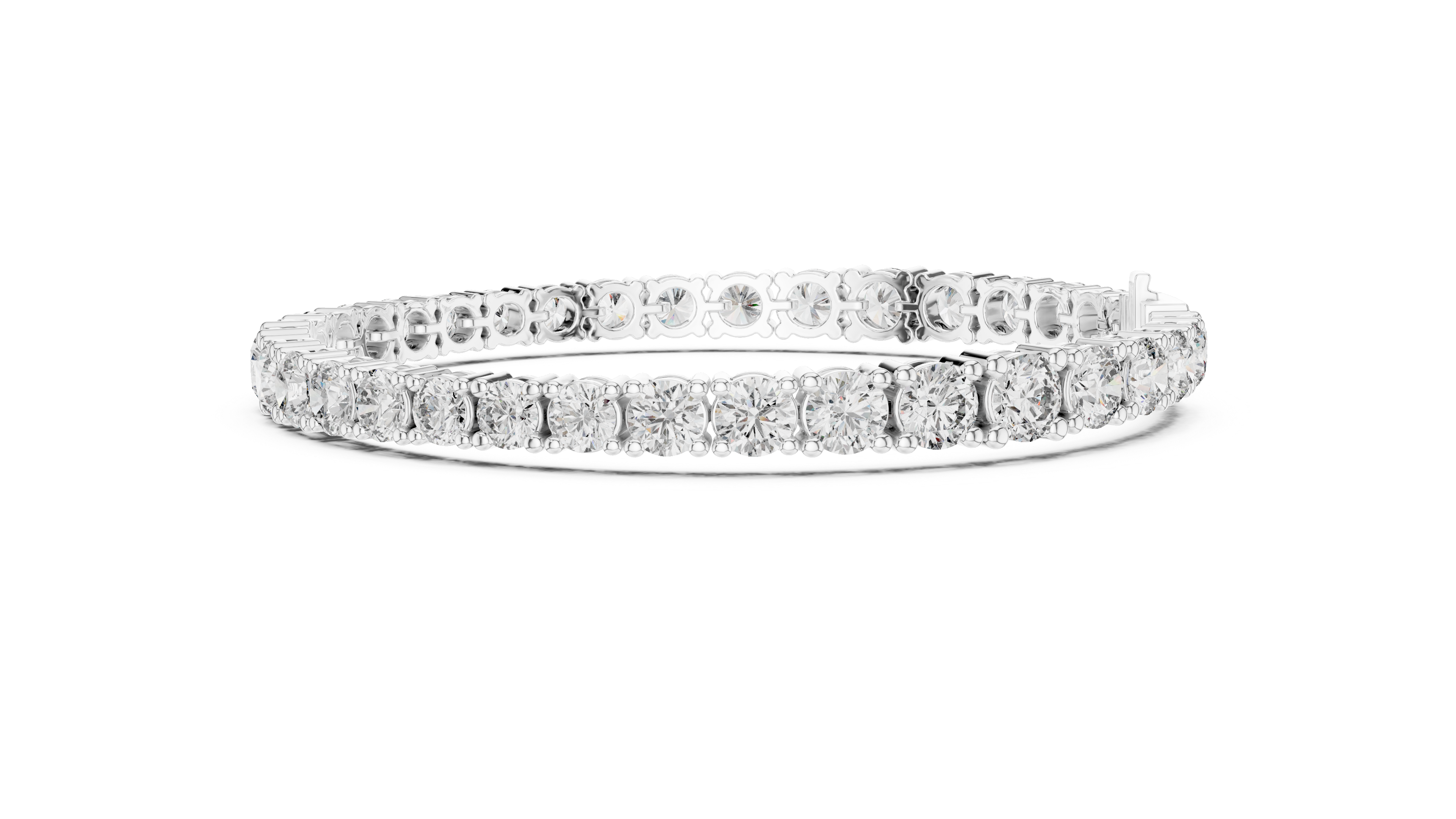 White gold diamond tennis bracelet, side view with round prong-set stones and box clasp