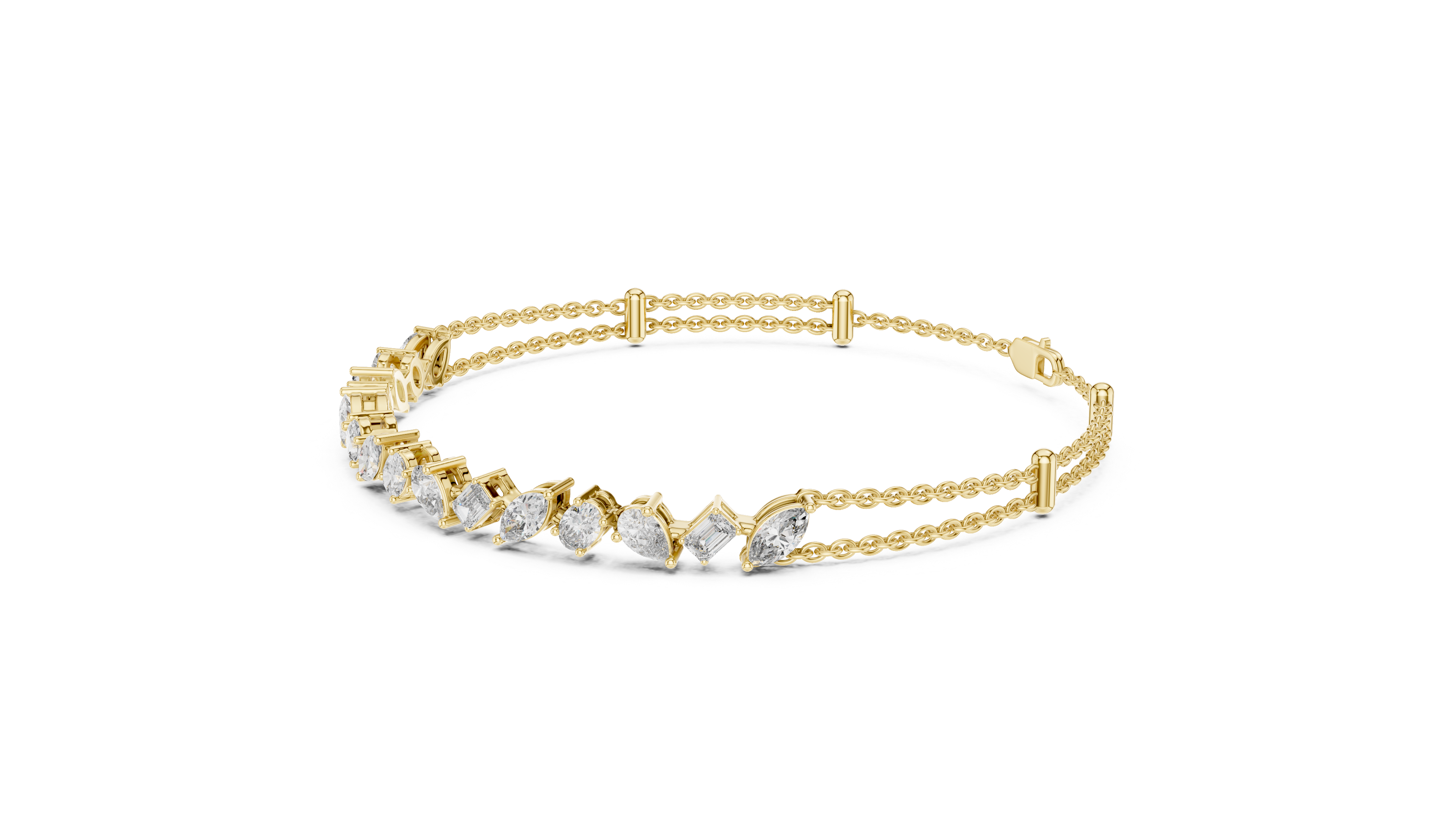 Yellow gold diamond mosaic bracelet with multi-shape stones and open prong settings