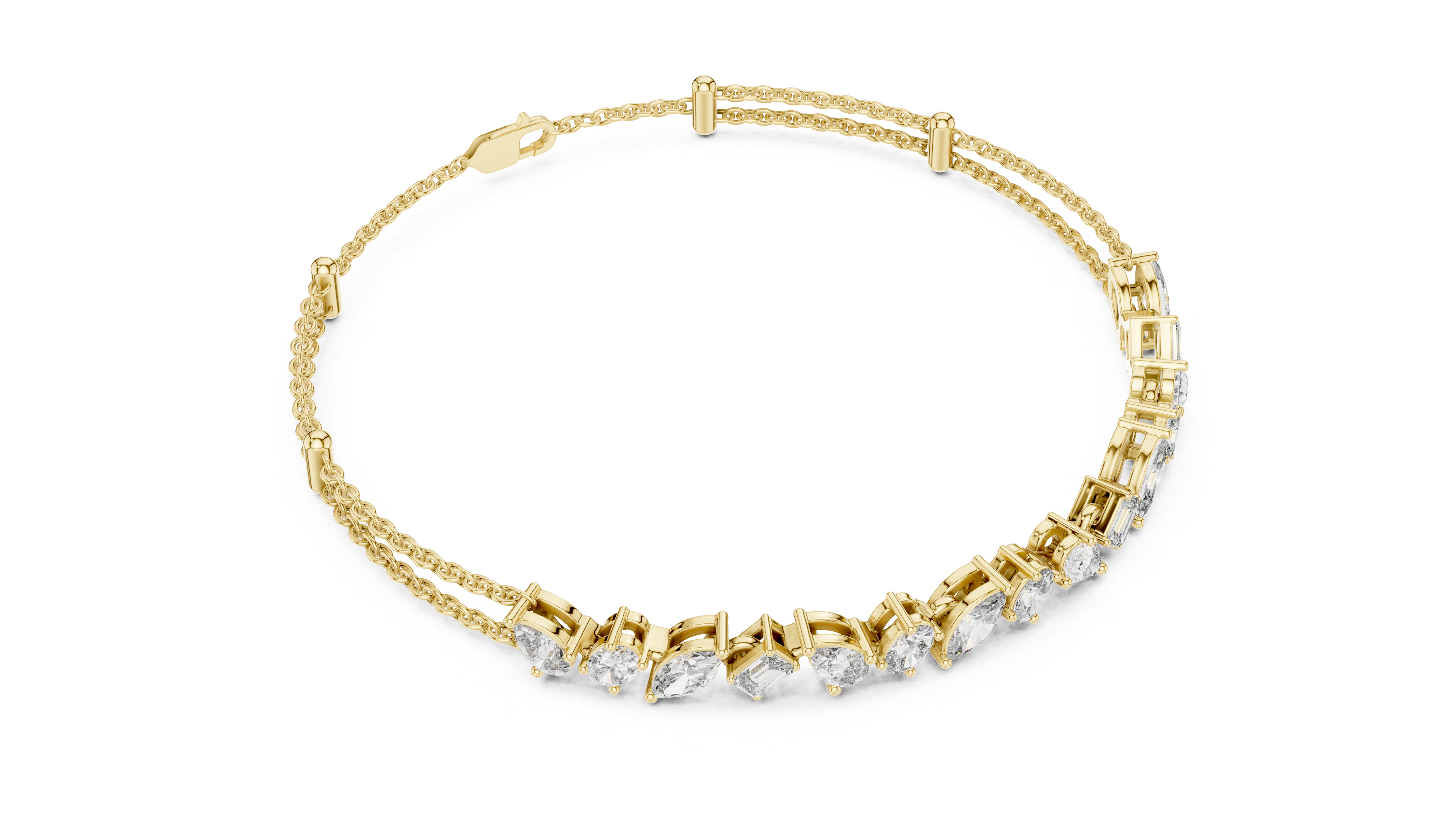 Yellow gold diamond mosaic bracelet with multi-shape stones along the hinged band