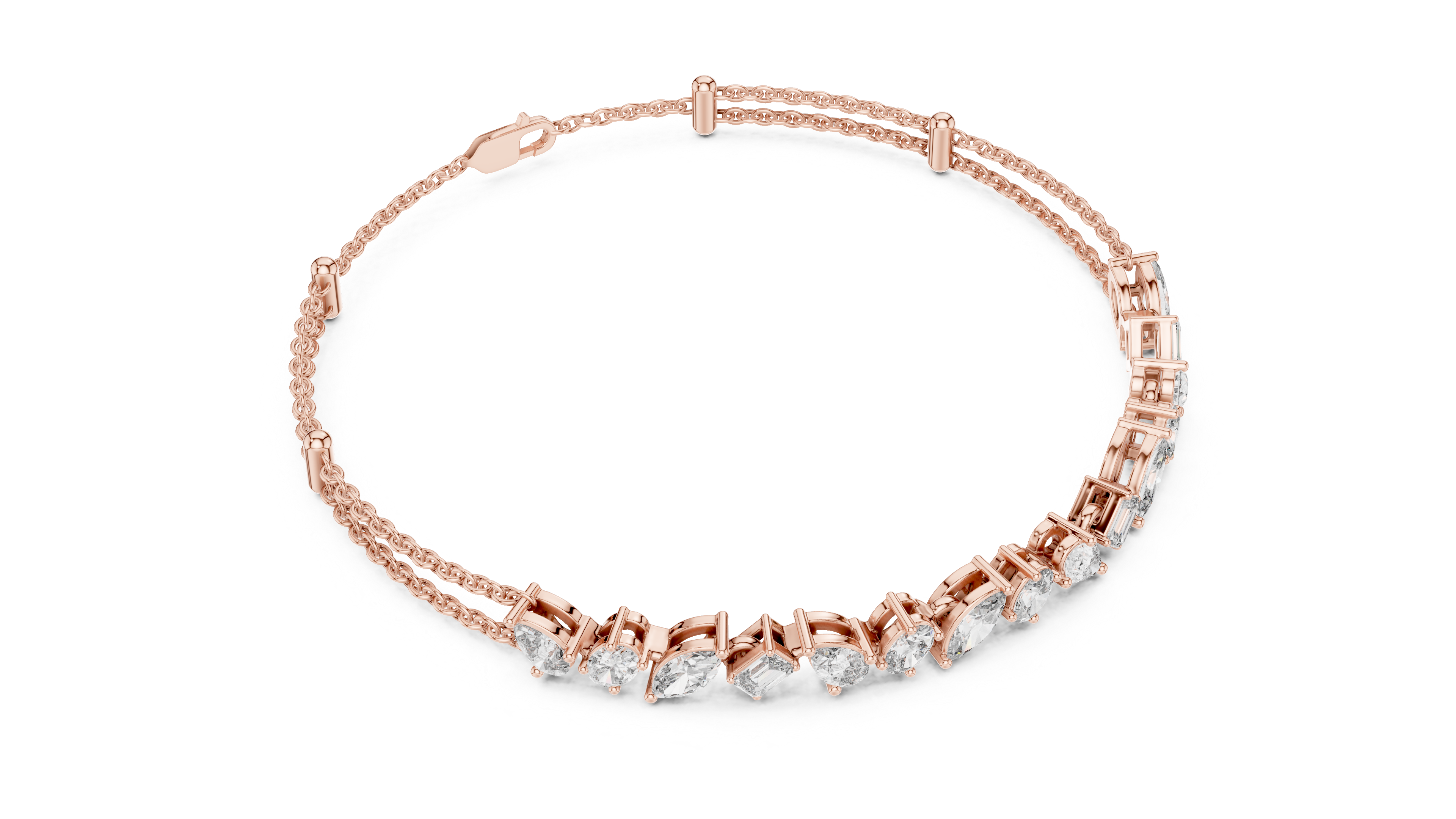 Rose gold diamond mosaic bracelet with multi-shape stones along the hinged band