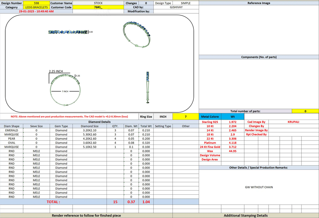 Bracelet sizing diagram with measurements and components table
