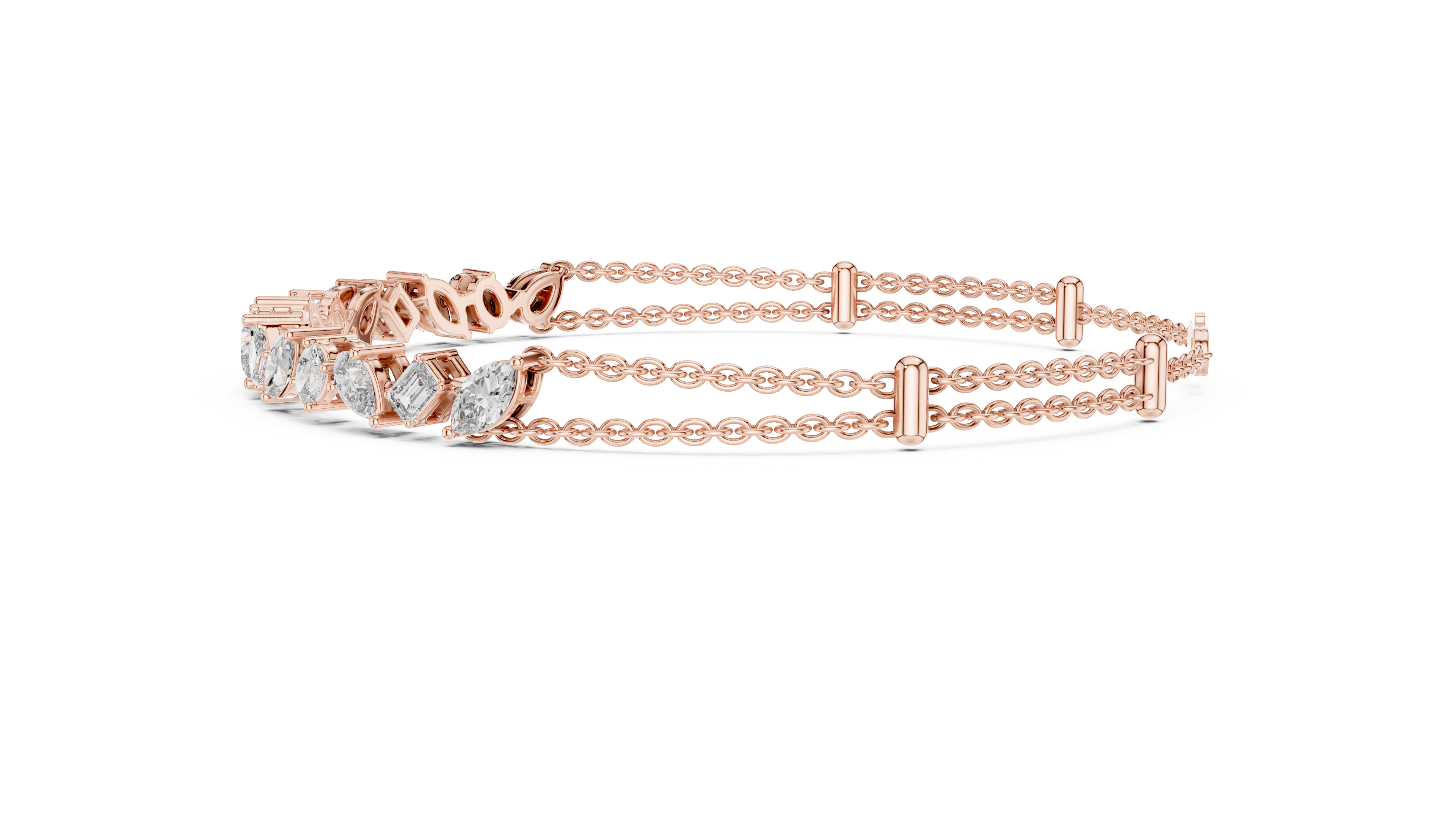 Rose gold diamond mosaic hinged bracelet with multi-shape stones and center row