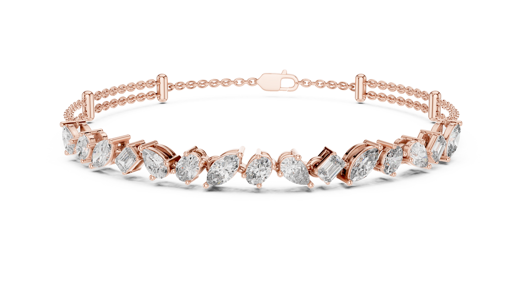 Rose gold diamond mosaic bracelet with multi-shape stones across the top row
