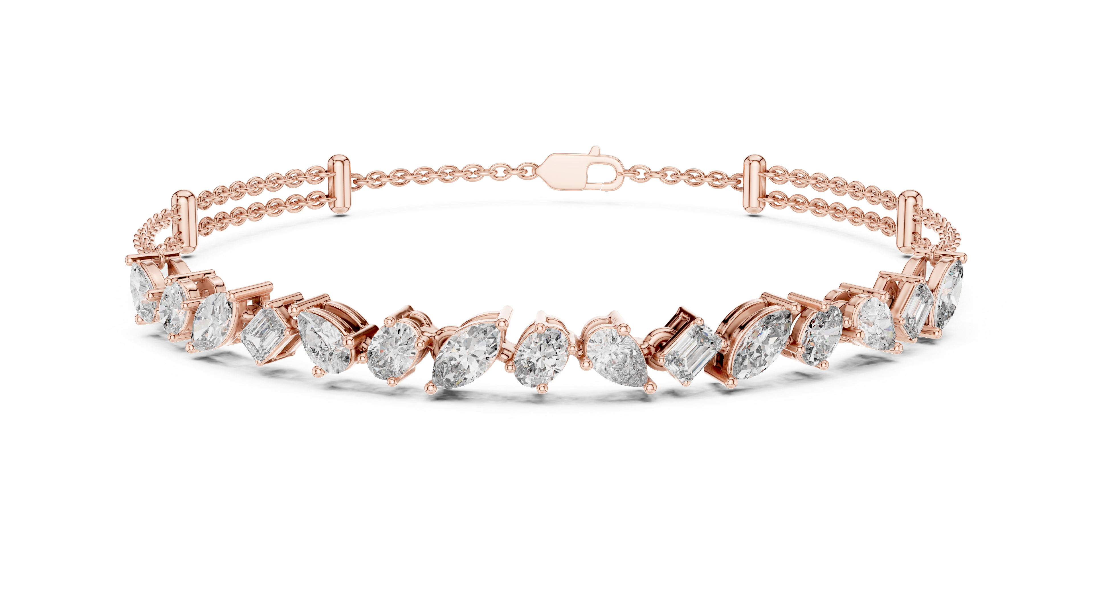 Rose gold diamond mosaic bracelet with multi-shape stones across the top row