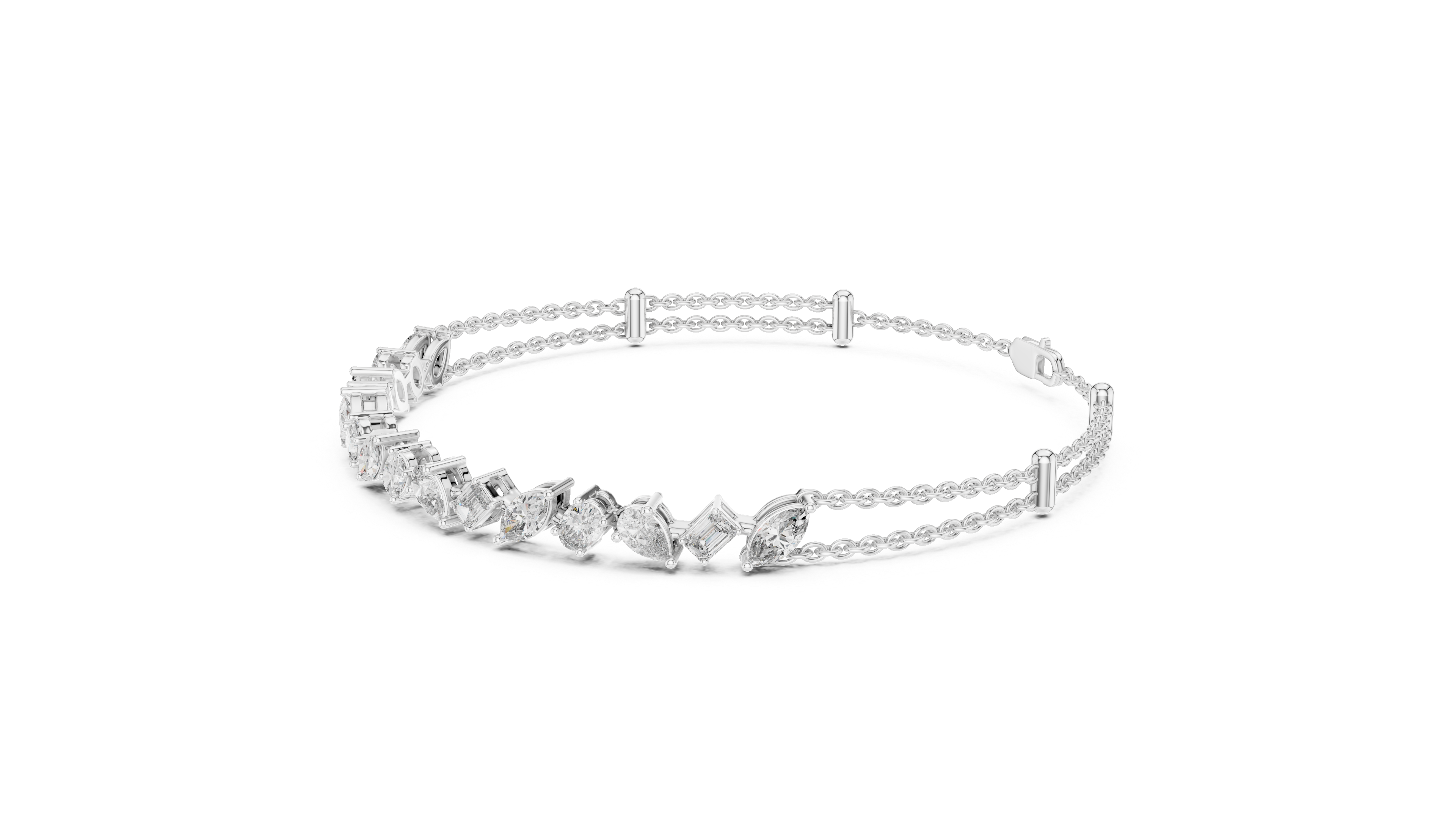 White gold diamond mosaic bracelet with multi-shape stones and open prong details