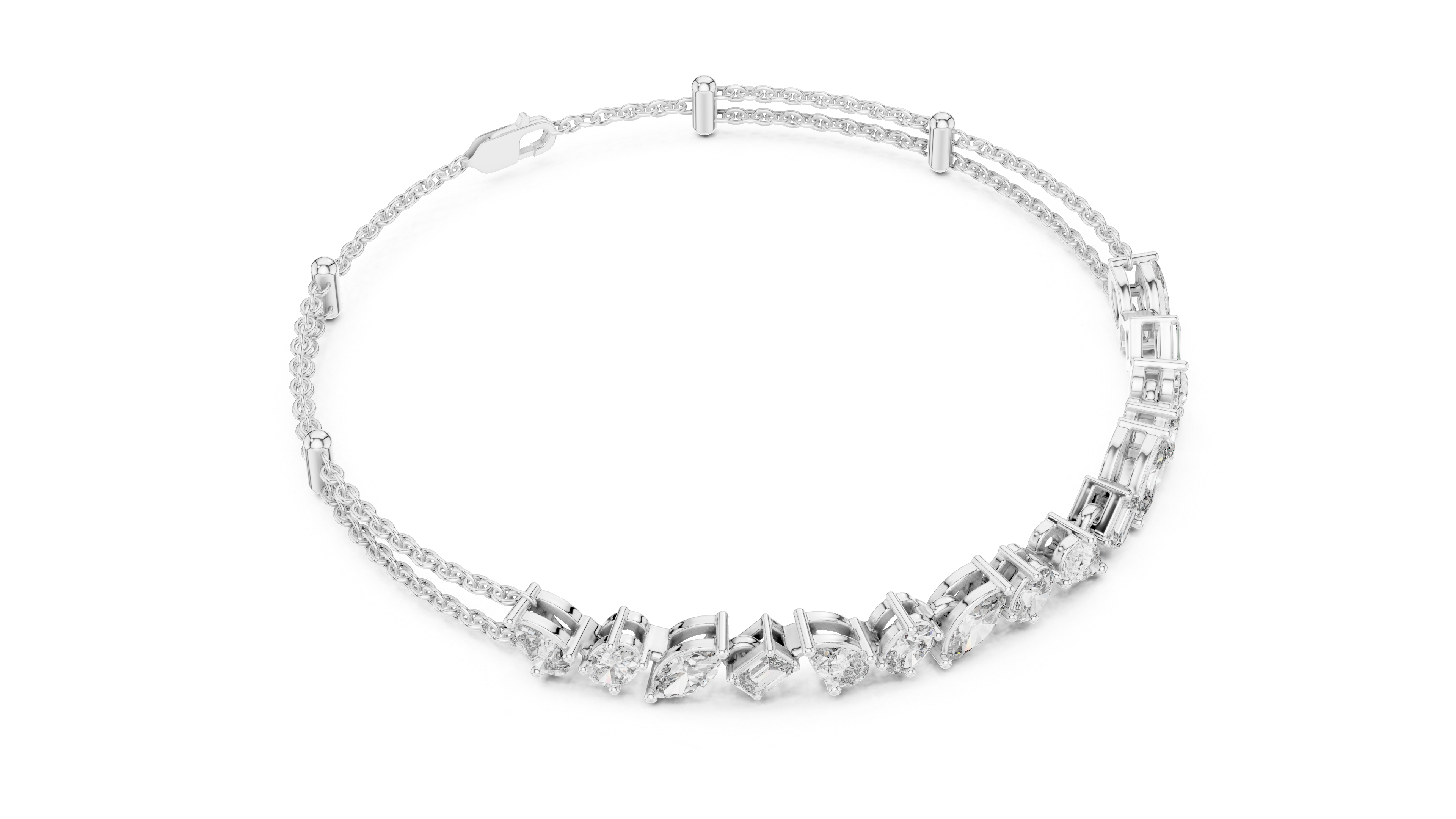 White gold diamond mosaic bracelet with multi-shape stones on the curved band