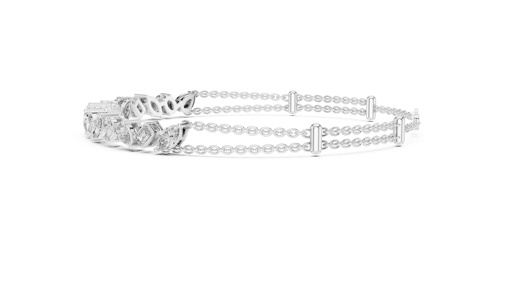 White gold diamond mosaic hinged bracelet with multi-shape stones and center panel
