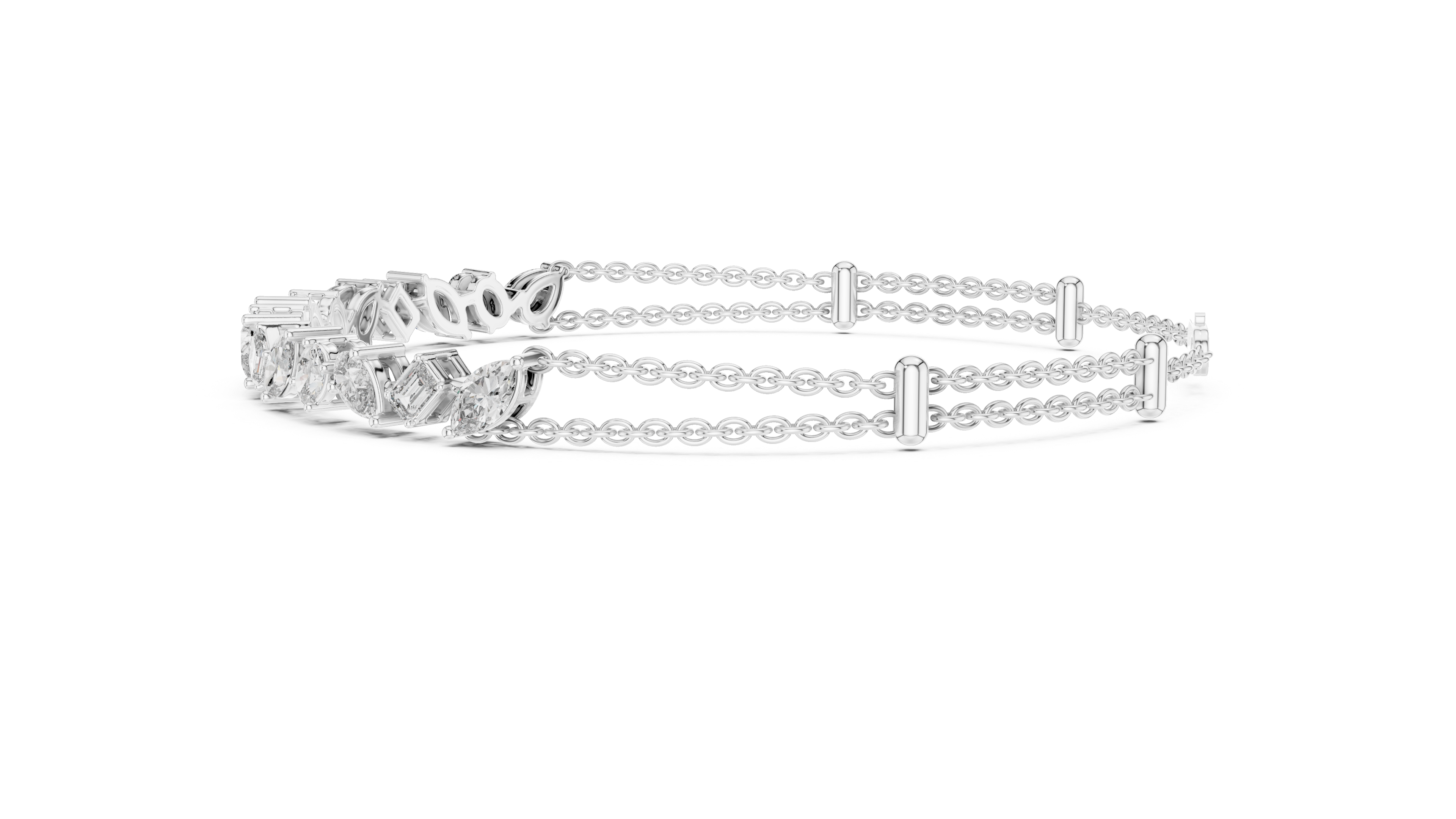 White gold diamond mosaic hinged bracelet with multi-shape stones and center panel