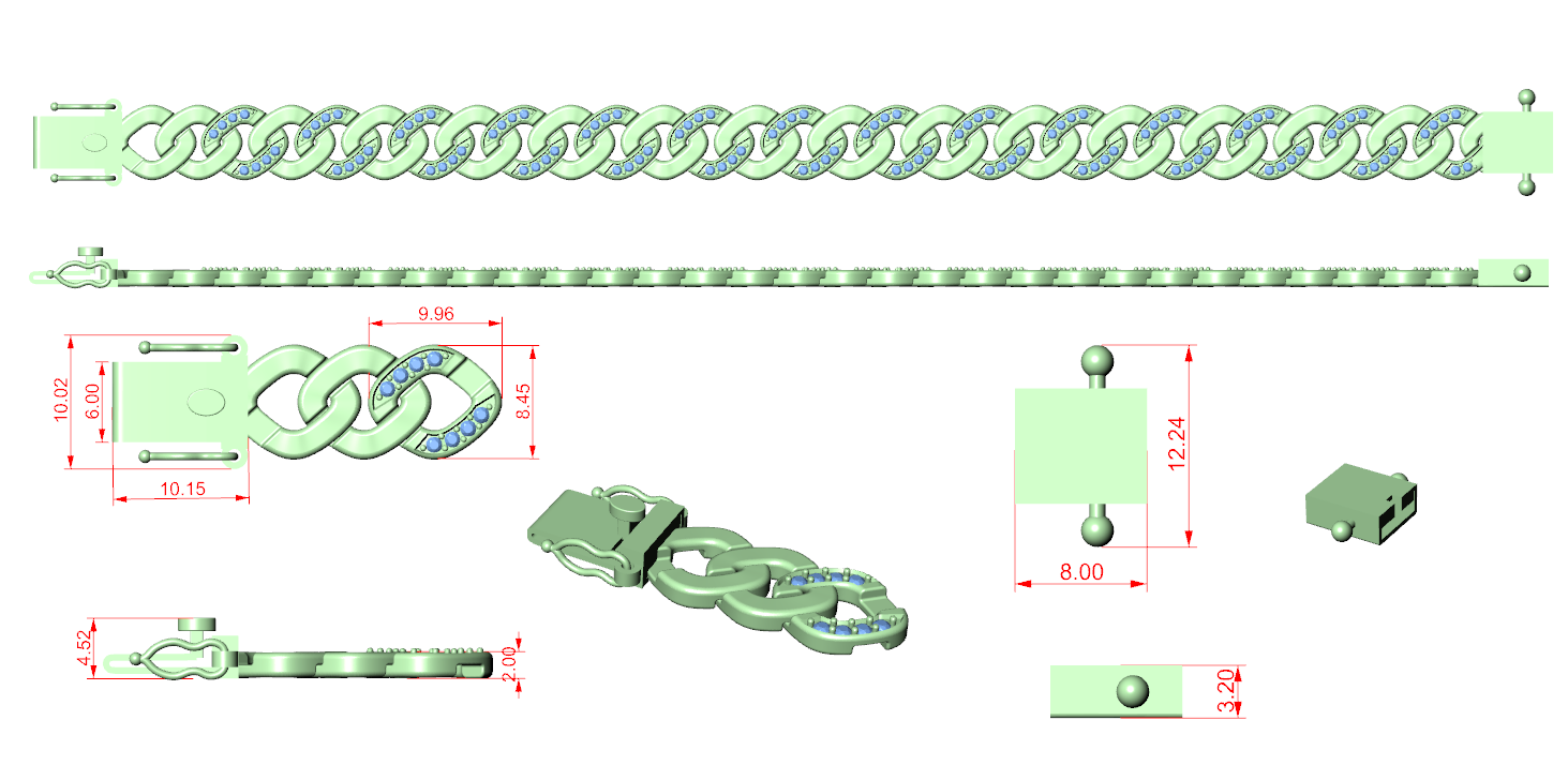Diamond Cuban link bracelet assembly CAD diagram with hinge and link sizes