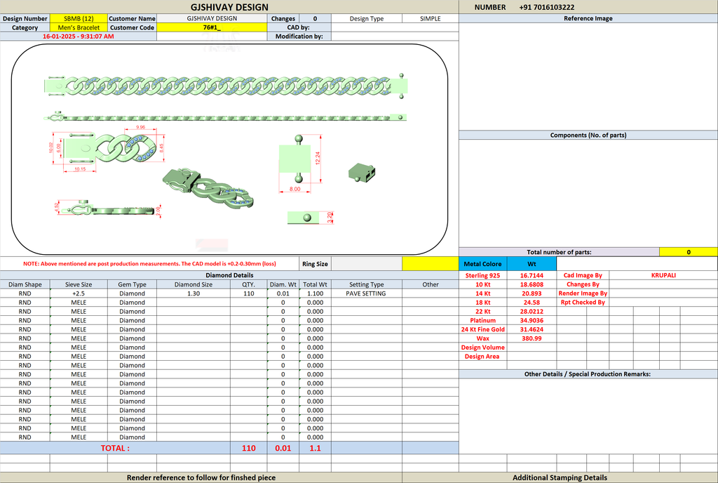 Diamond Cuban link bracelet CAD diagram with chain link measurements