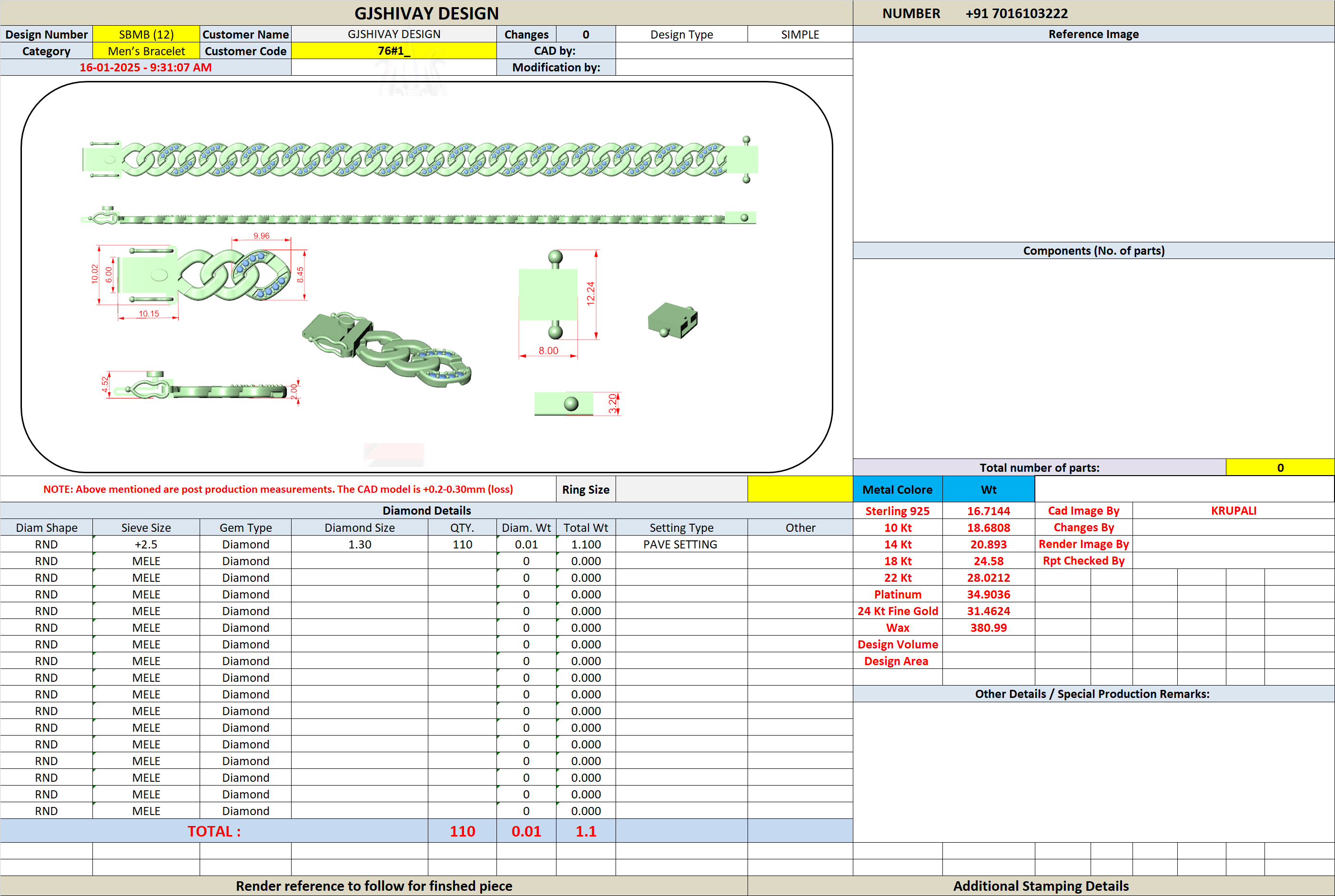 Diamond Cuban link bracelet CAD diagram with chain link measurements
