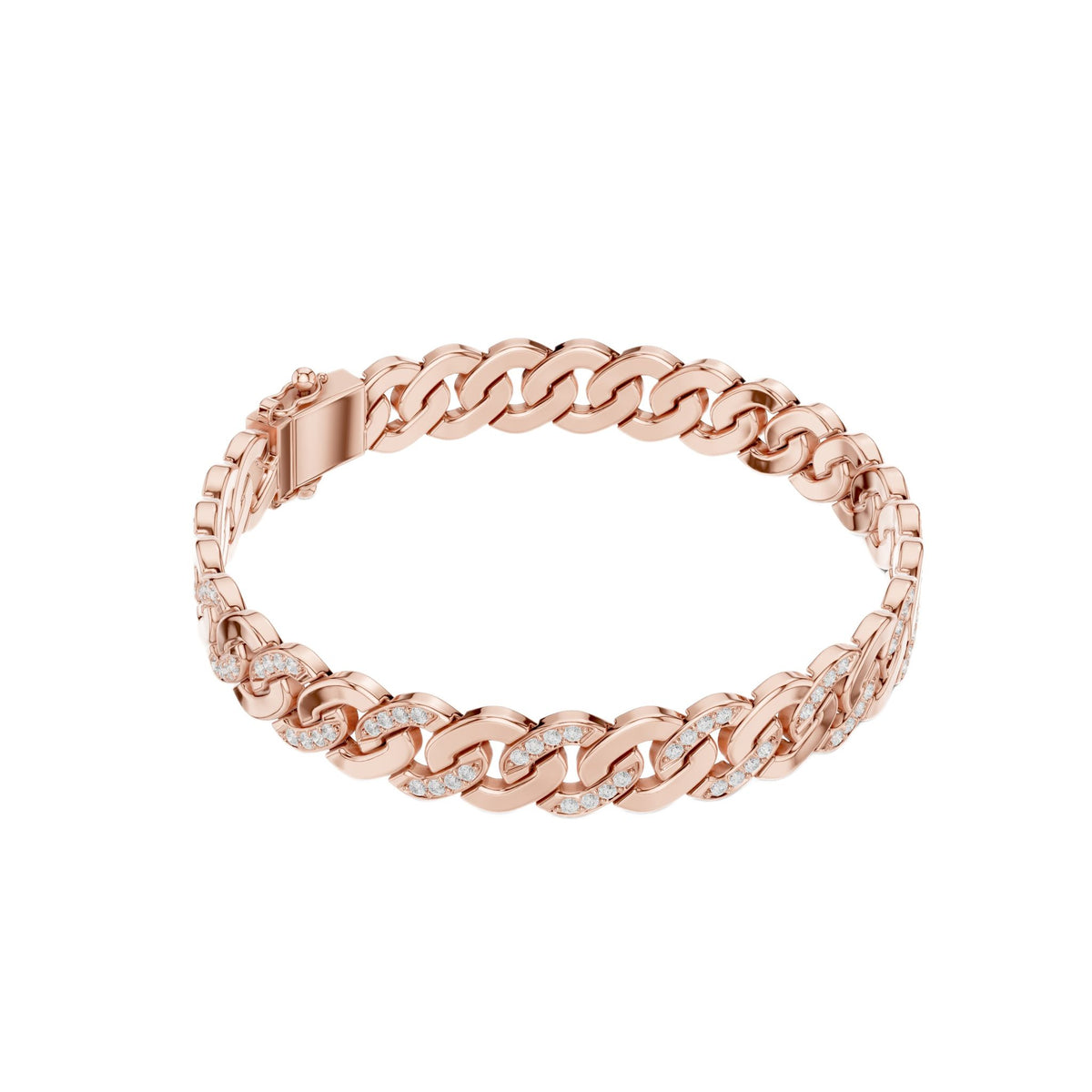 Rose gold diamond Cuban link bracelet with round pavé accents, chain-style links.