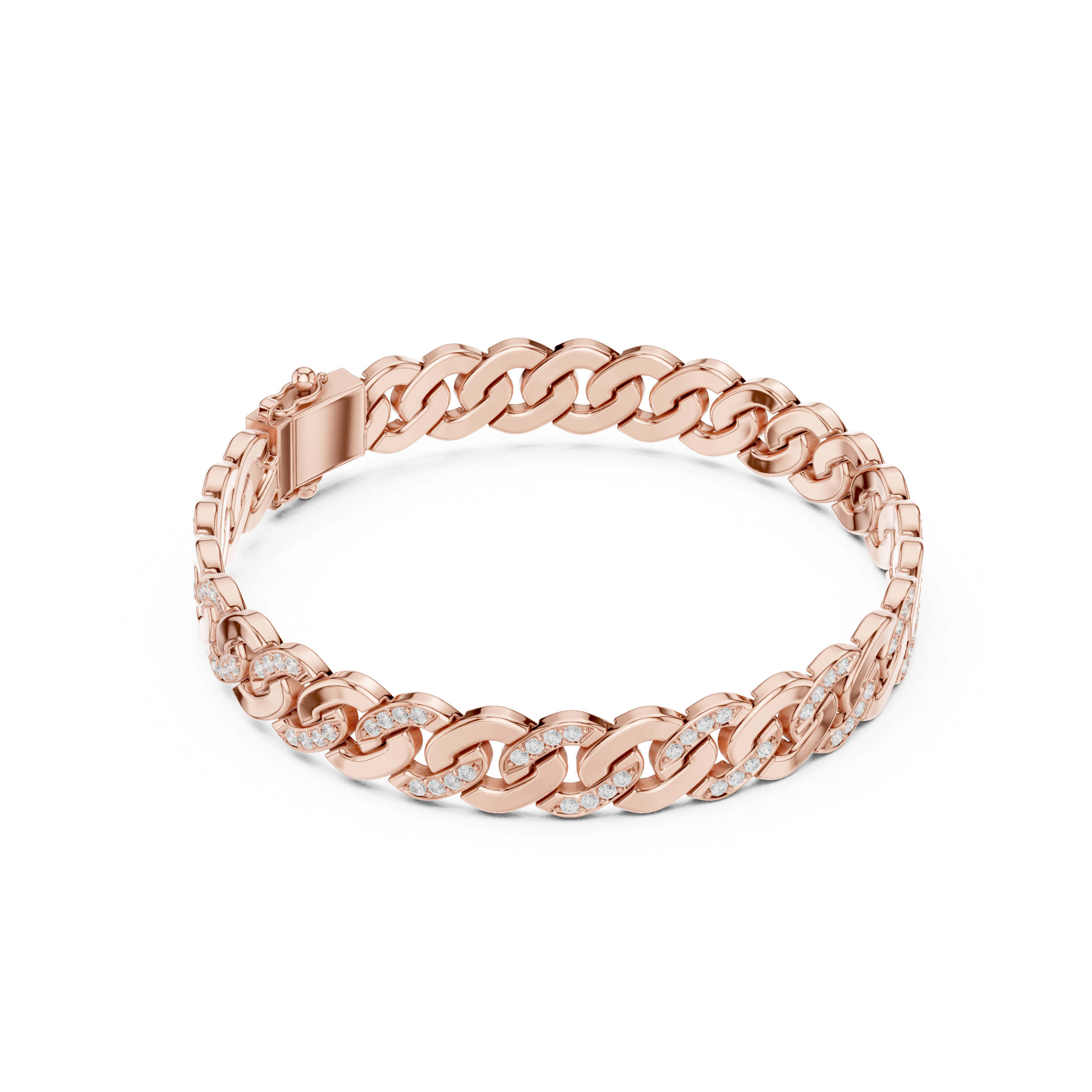 Rose gold diamond Cuban link bracelet with round pavé accents, chain-style links.