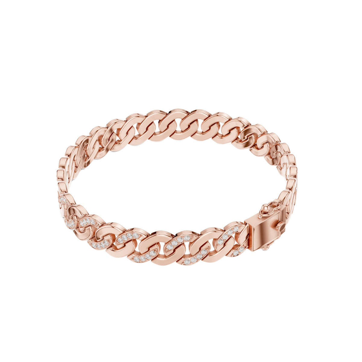 Rose gold diamond Cuban link bracelet, open view of chain links with round stones.