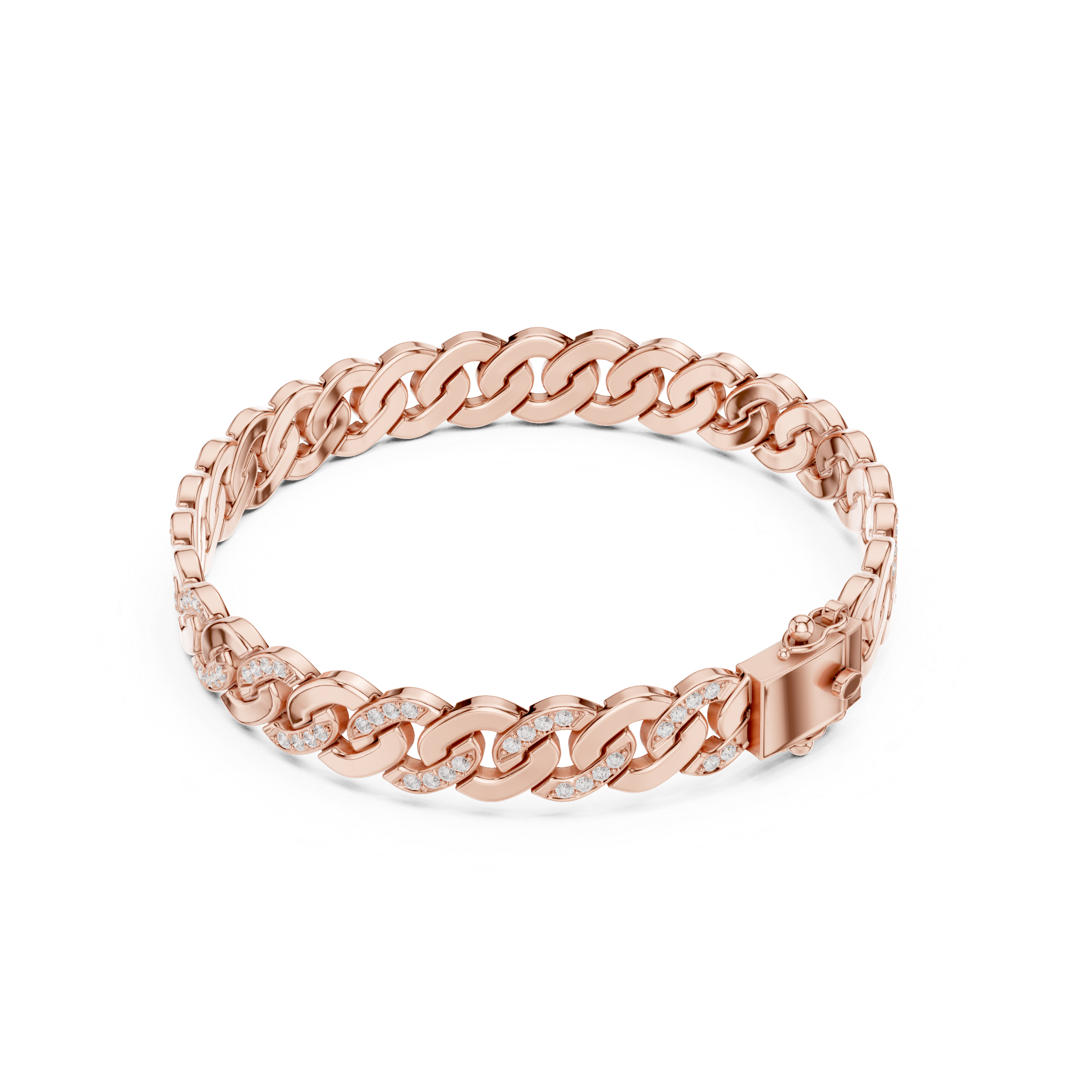 Rose gold diamond Cuban link bracelet, open view of chain links with round stones.