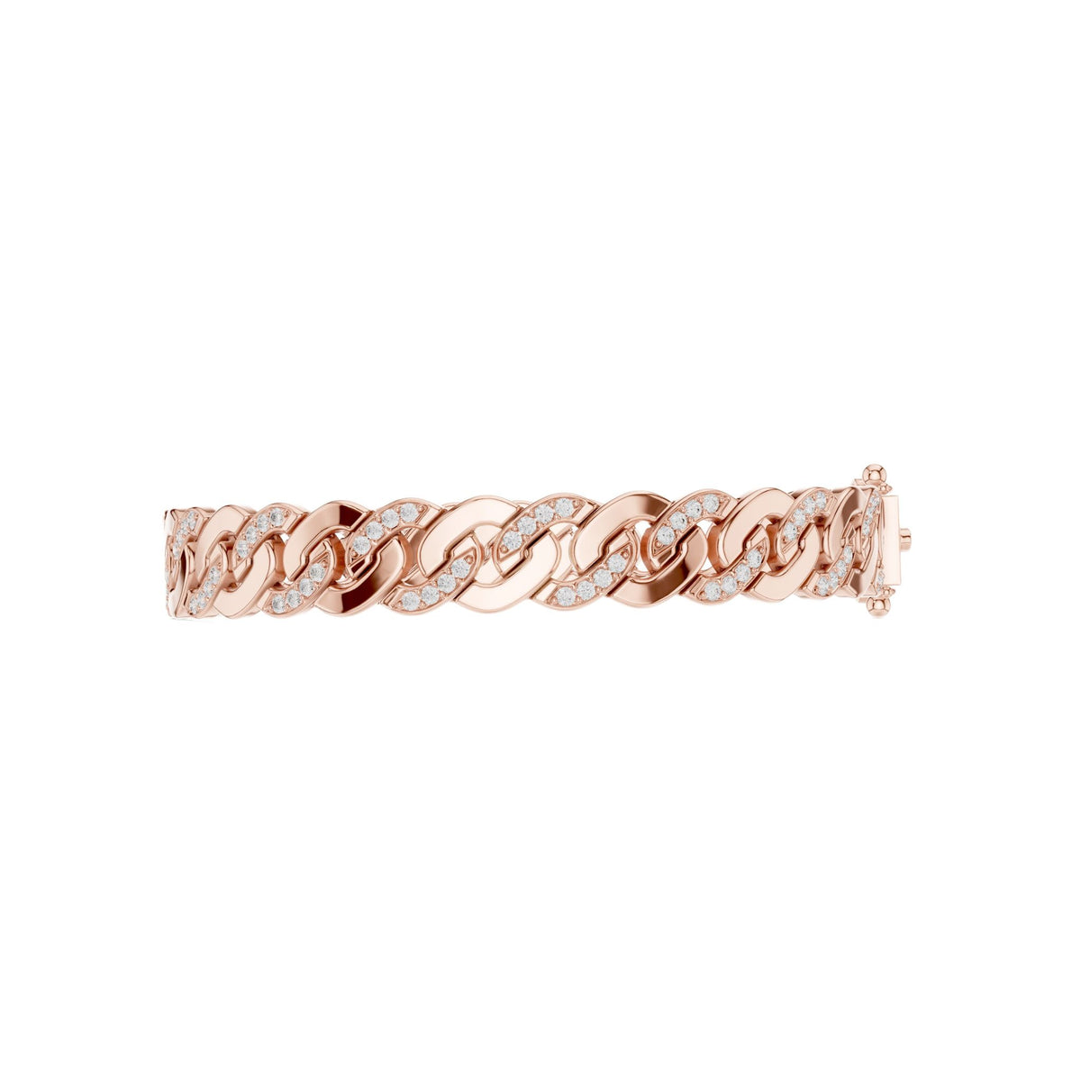 Rose gold diamond Cuban link bracelet, side profile with round stone accents in links.