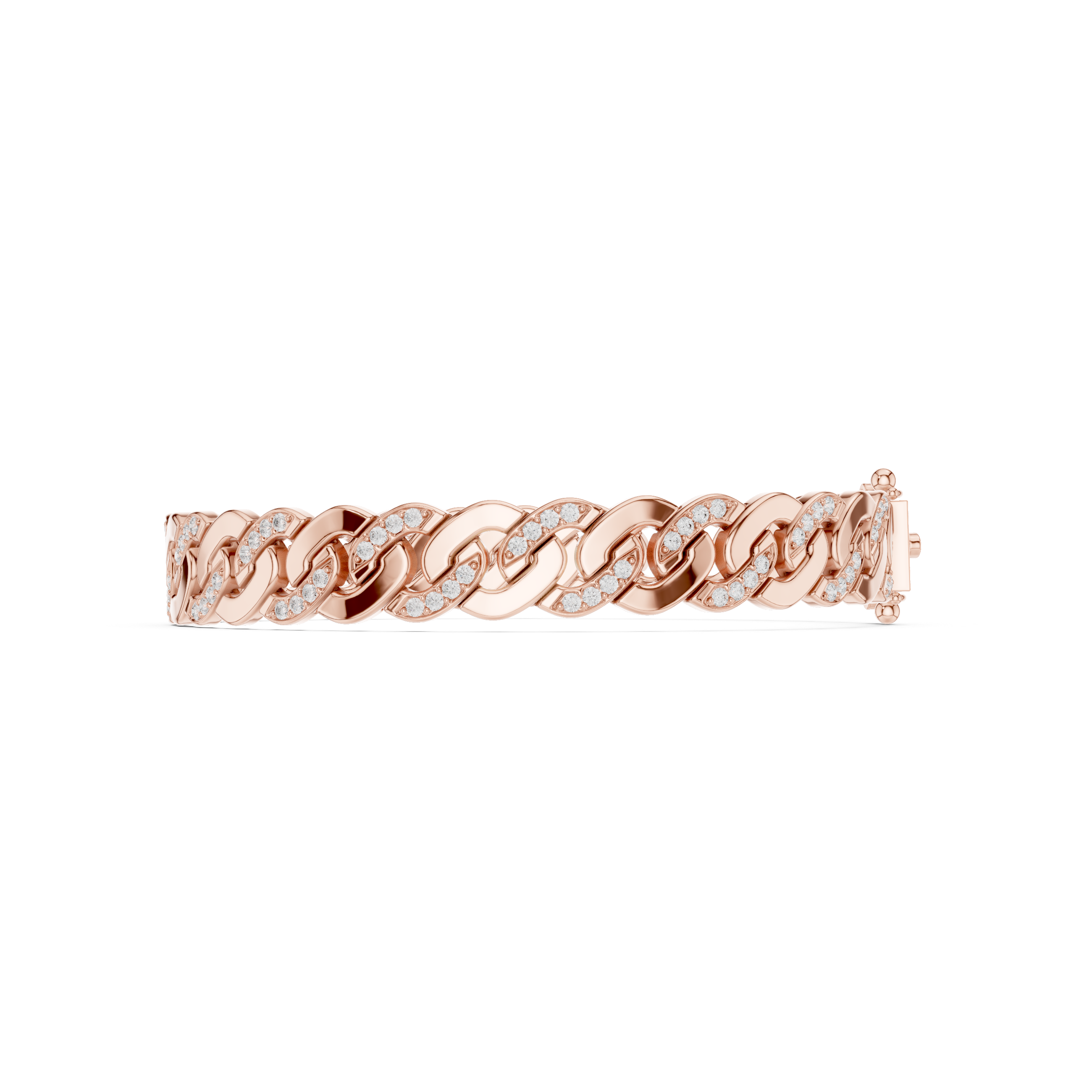 Rose gold diamond Cuban link bracelet, side profile with round stone accents in links.