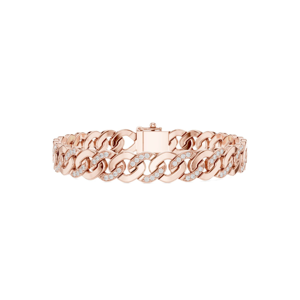 Rose gold diamond Cuban link bracelet, frontal view with round pavé diamonds on links.