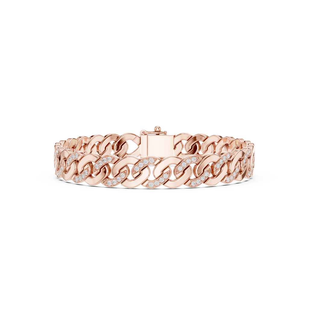 Rose gold diamond Cuban link bracelet, frontal view with round pavé diamonds on links.