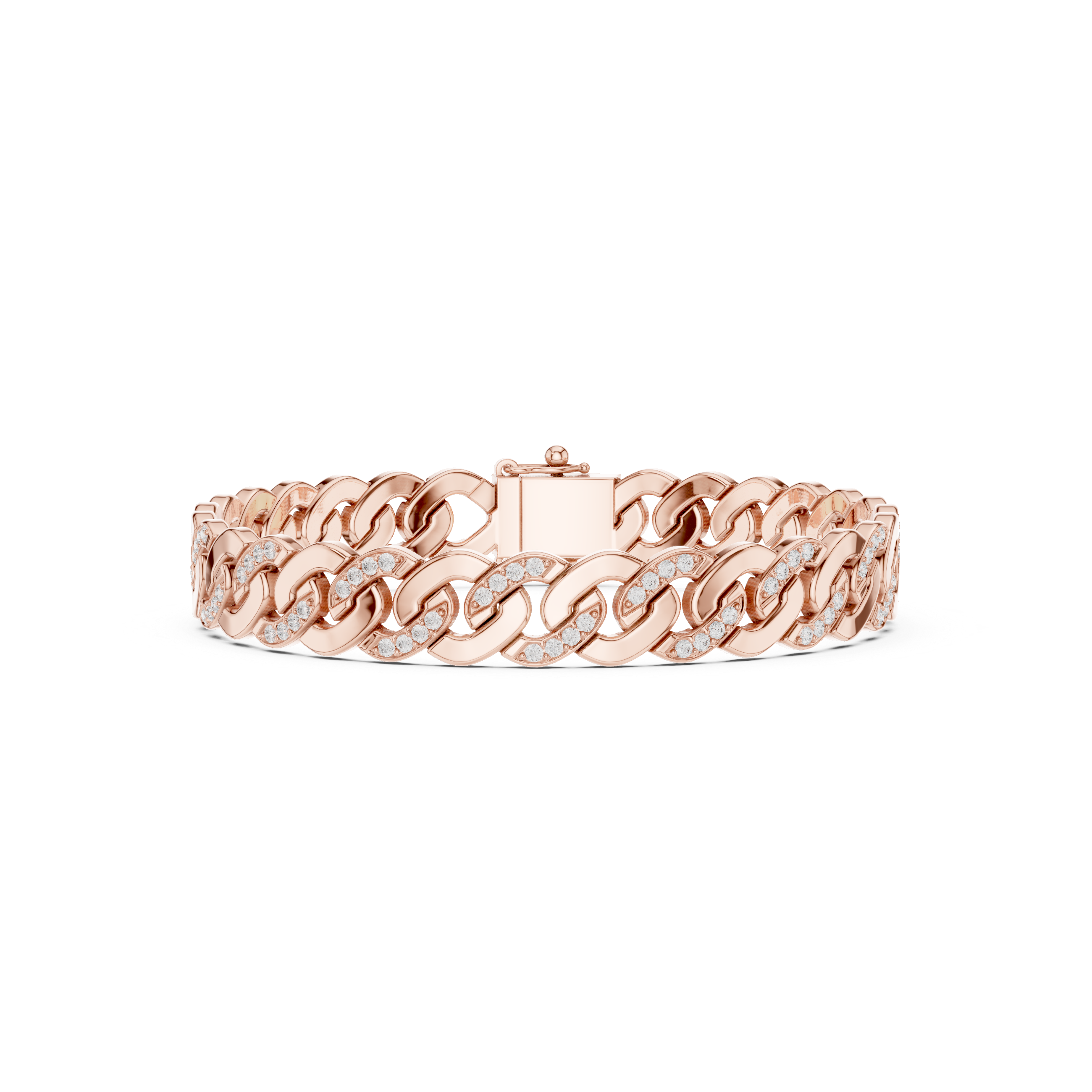 Rose gold diamond Cuban link bracelet, frontal view with round pavé diamonds on links.