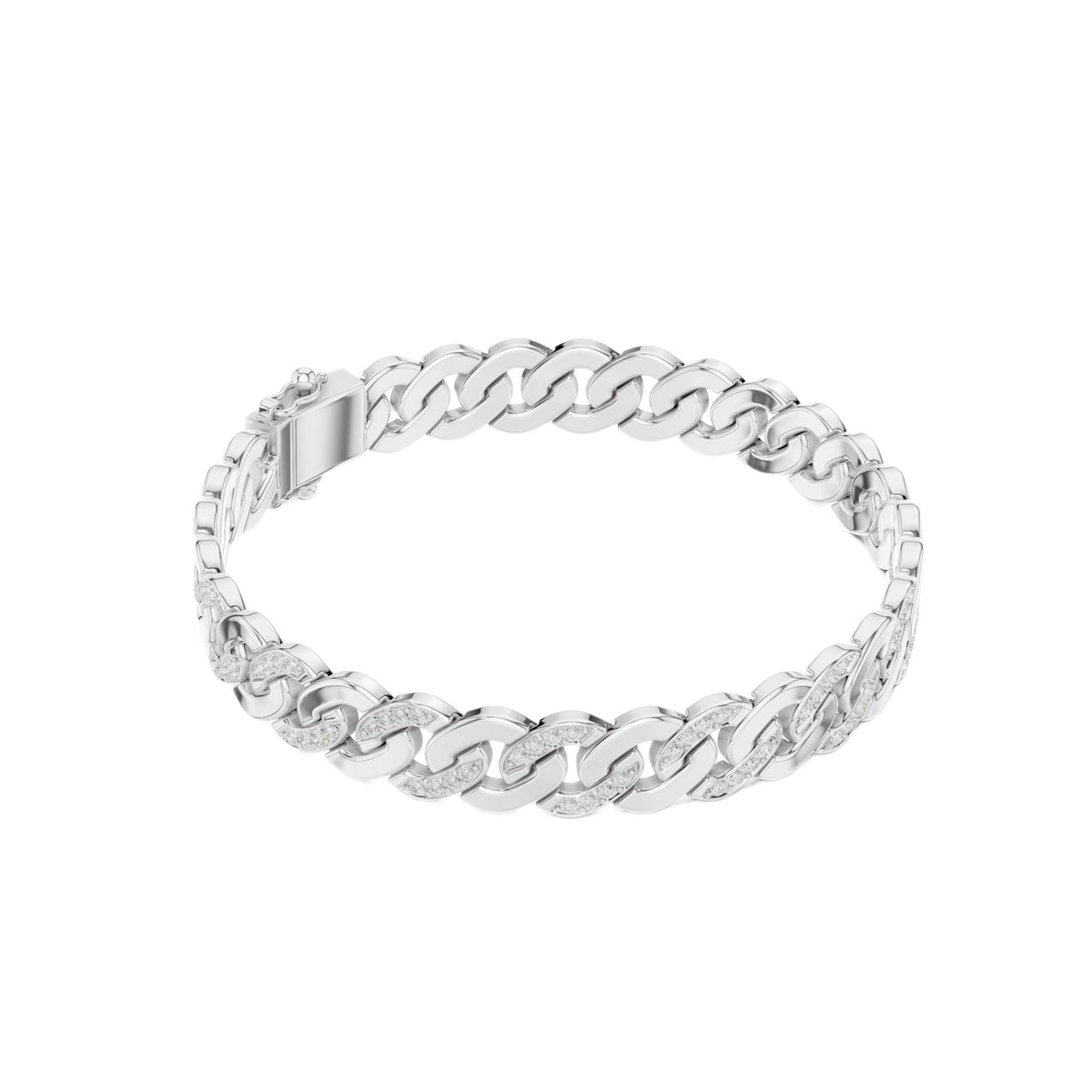 White gold diamond Cuban link bracelet, open-top view with round stone-set link details.