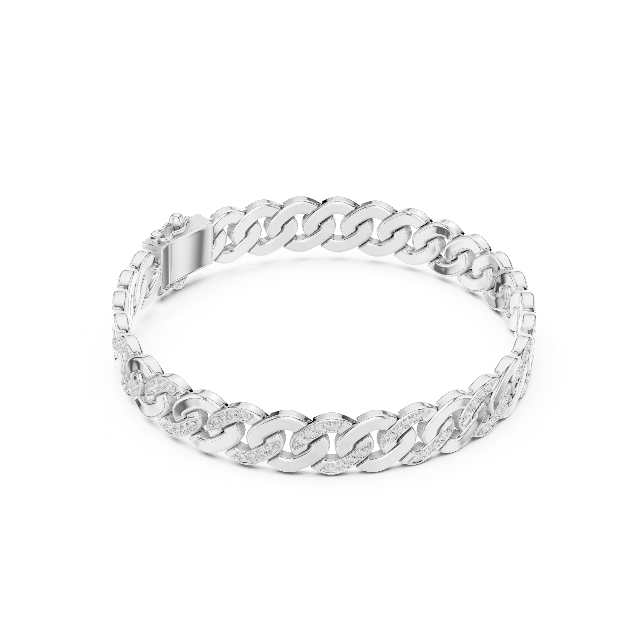 White gold diamond Cuban link bracelet, open-top view with round stone-set link details.