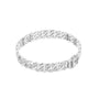White gold diamond Cuban link bracelet, curved view showing round stones in the links.