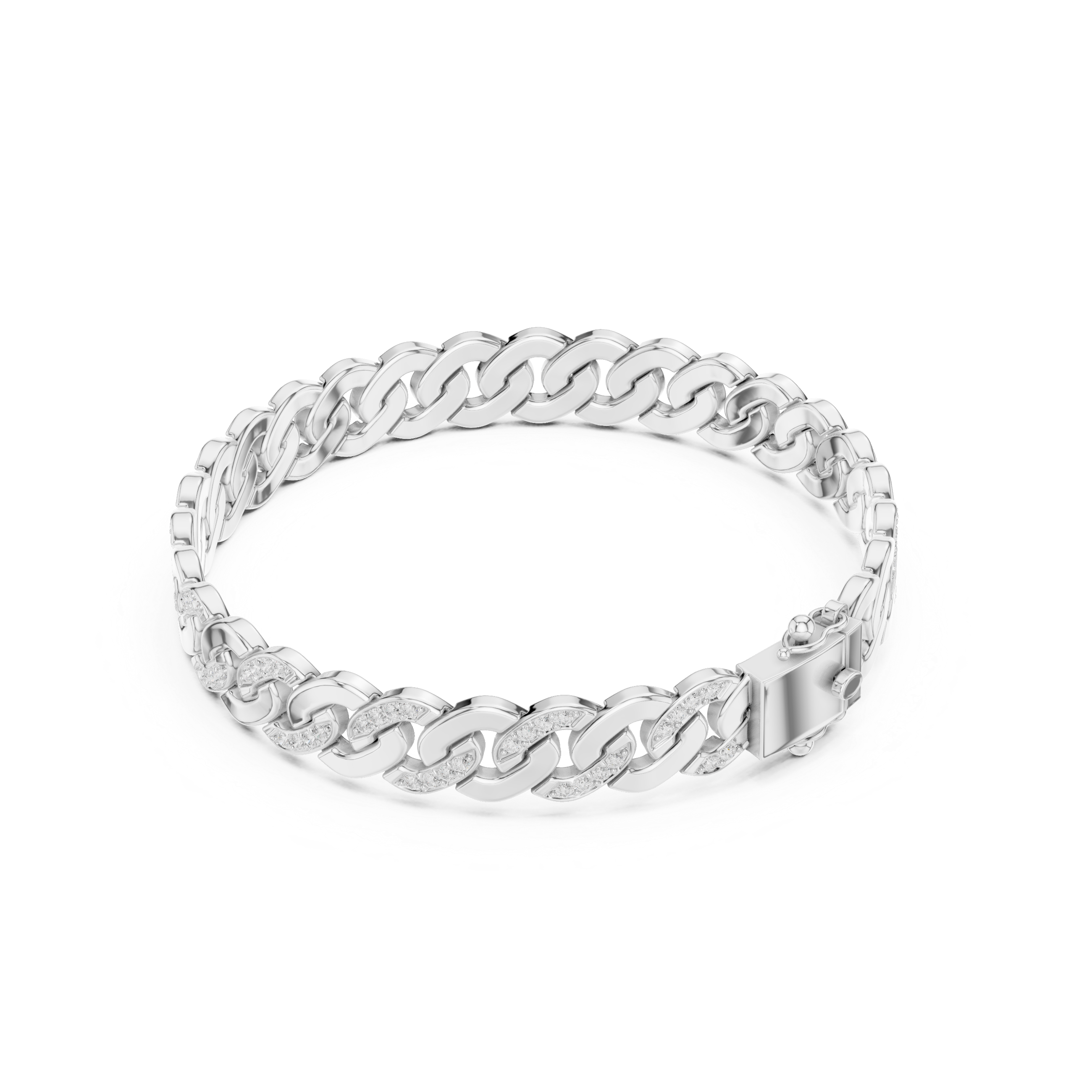 White gold diamond Cuban link bracelet, curved view showing round stones in the links.