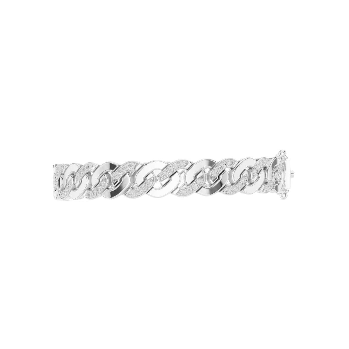White gold diamond Cuban link bracelet with round pavé accents and interlocking chain links.