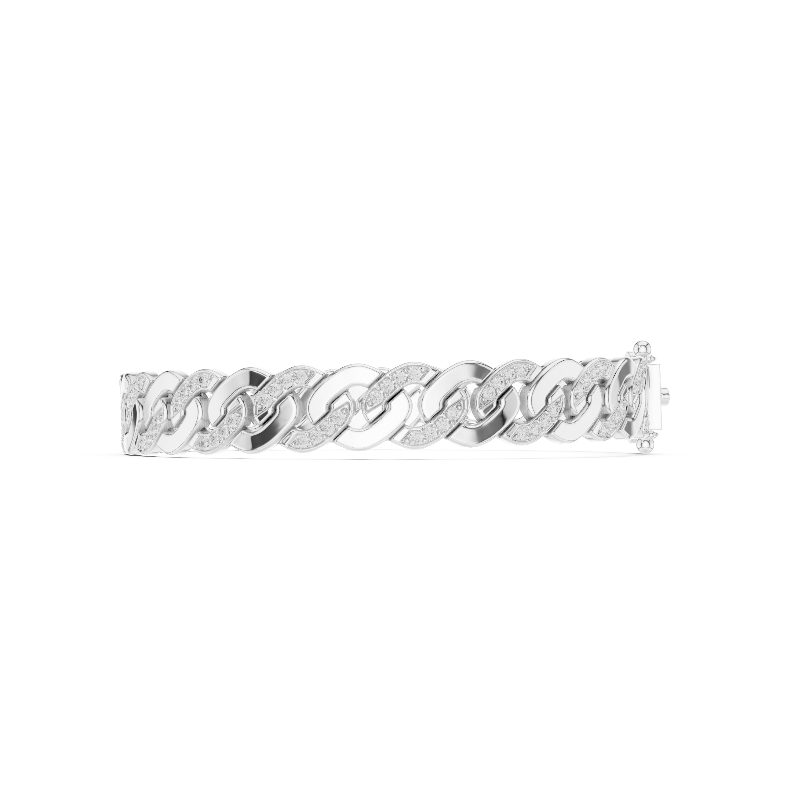 White gold diamond Cuban link bracelet with round pavé accents and interlocking chain links.