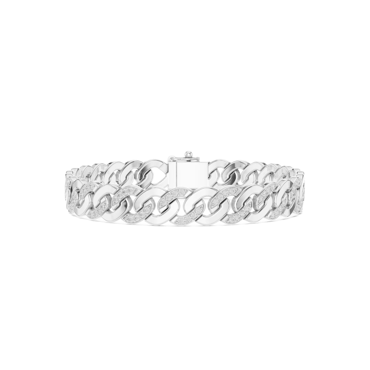 White gold diamond Cuban link bracelet, frontal view with round pavé diamonds across links.
