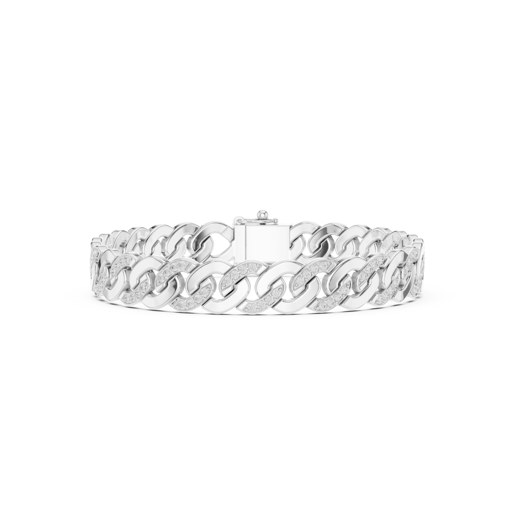 White gold diamond Cuban link bracelet, frontal view with round pavé diamonds across links.