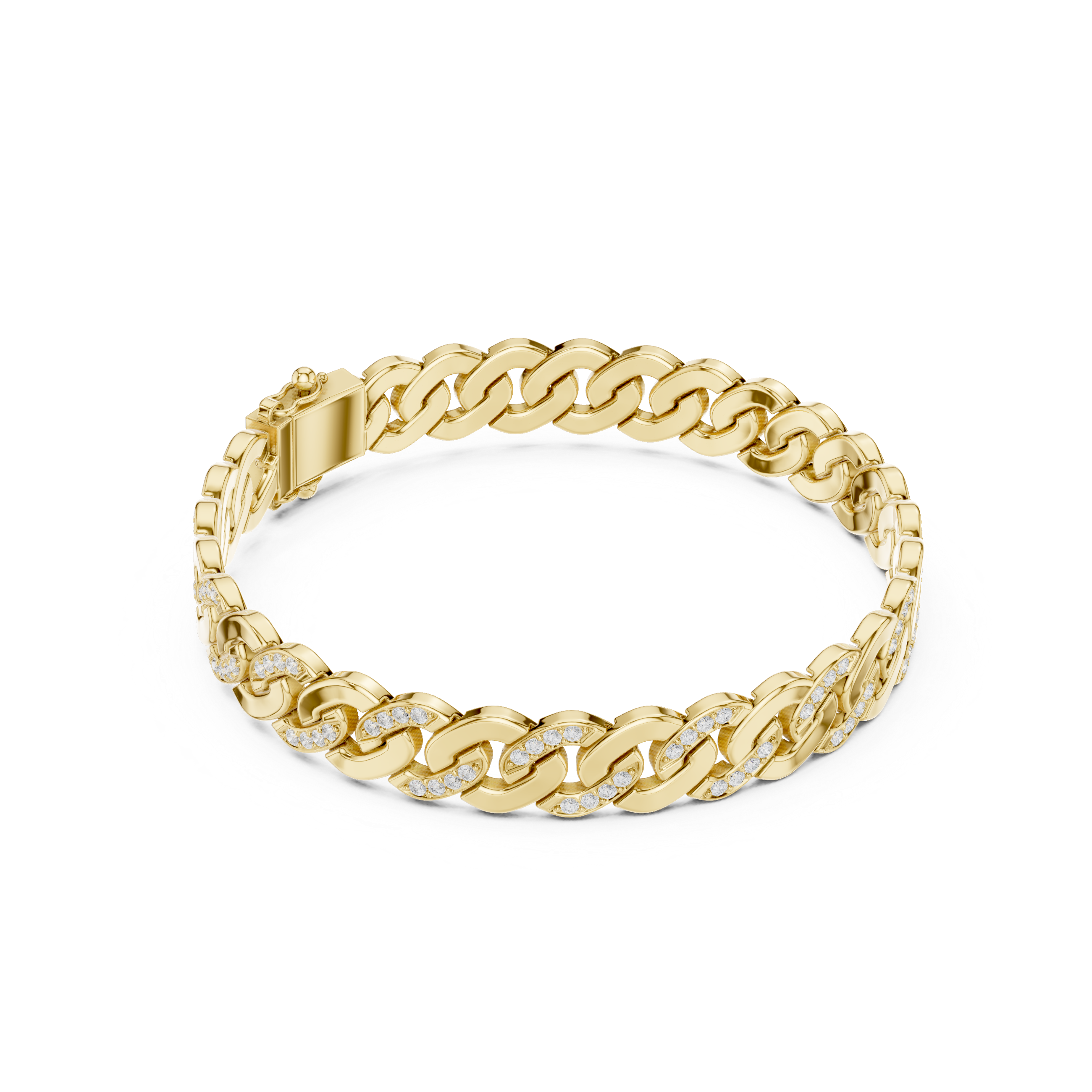 Yellow gold diamond Cuban link bracelet with round pavé accents and interlocking chain links.