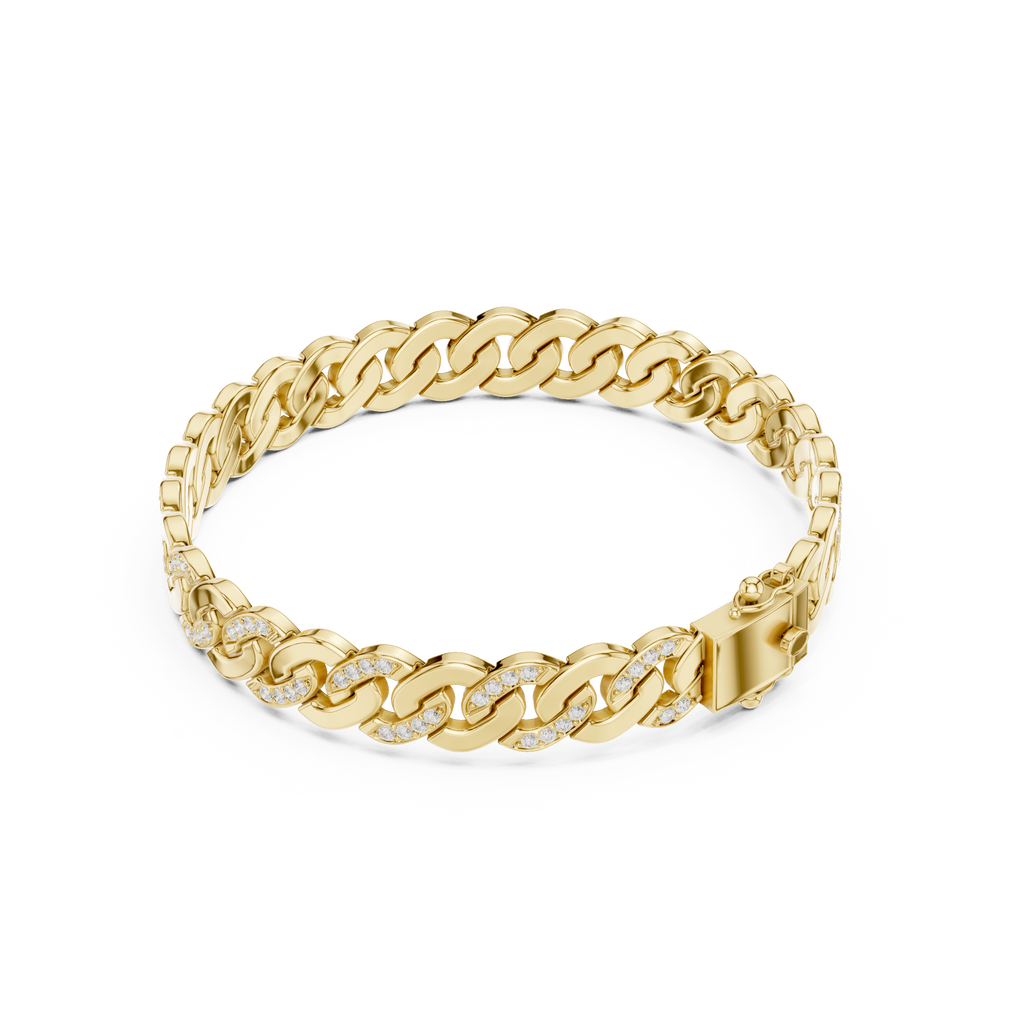 Yellow gold Cuban link bracelet with diamond-accented openwork links