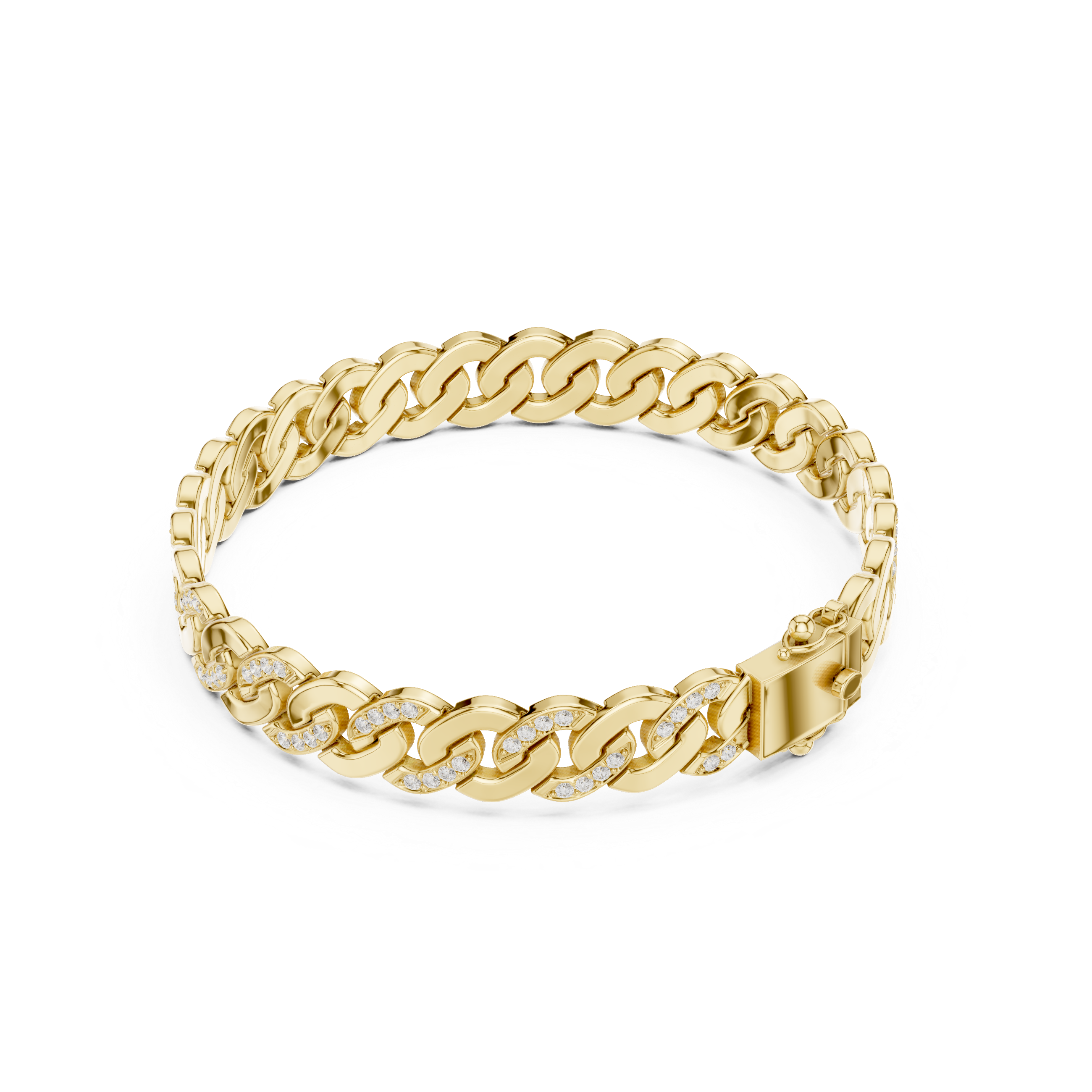 Yellow gold Cuban link bracelet with diamond-accented openwork links