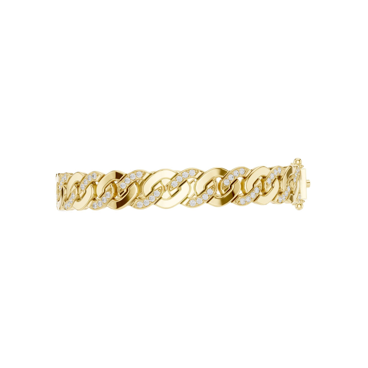 Yellow gold Cuban link bracelet side view with diamond-accented links