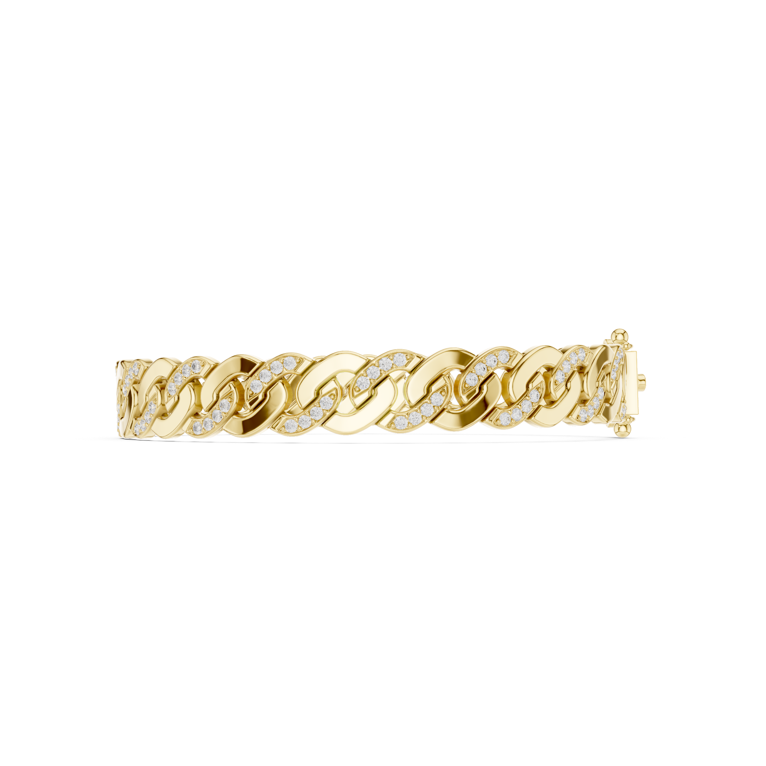 Yellow gold Cuban link bracelet side view with diamond-accented links