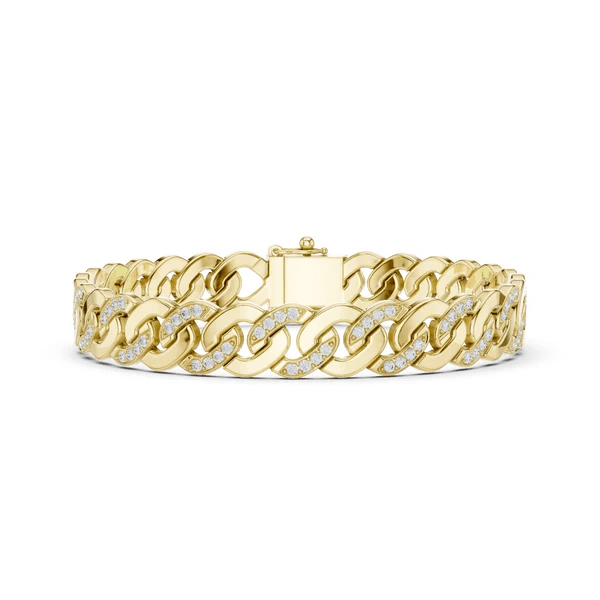Yellow gold diamond Cuban link bracelet with center clasp