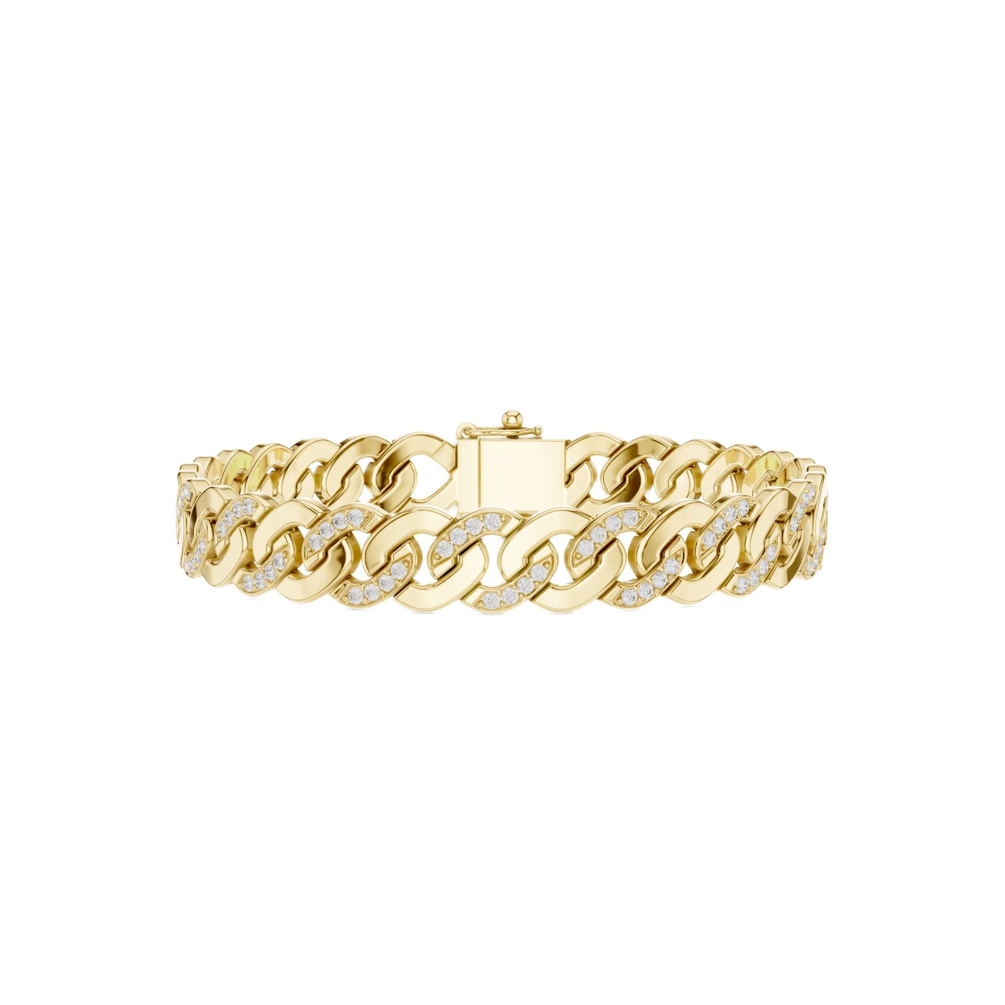 Yellow gold diamond Cuban link bracelet, frontal view with round pavé diamonds on links.