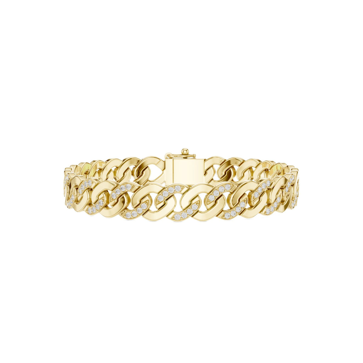 Yellow gold diamond Cuban link bracelet, frontal view with round pavé diamonds on links.