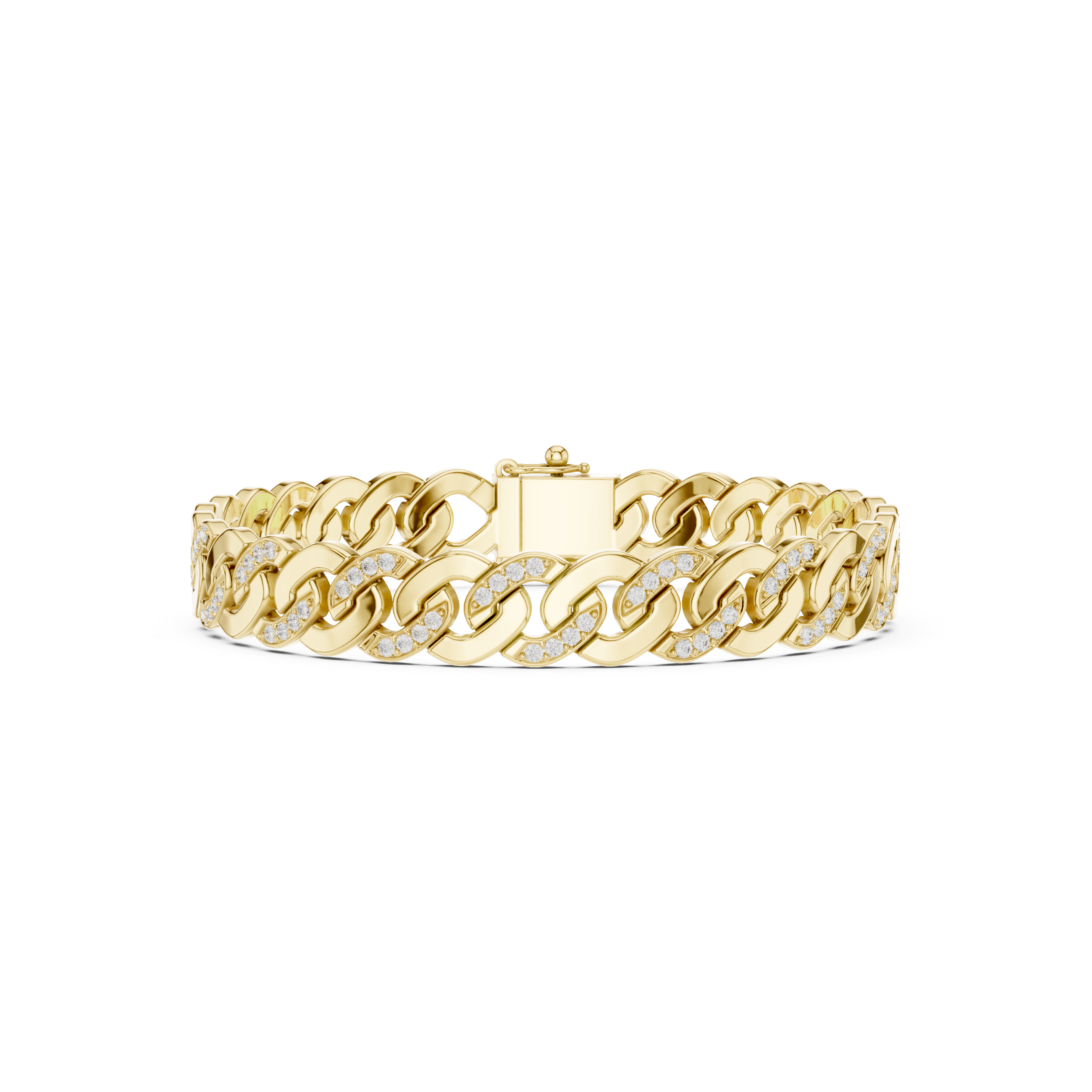 Yellow gold diamond Cuban link bracelet, frontal view with round pavé diamonds on links.