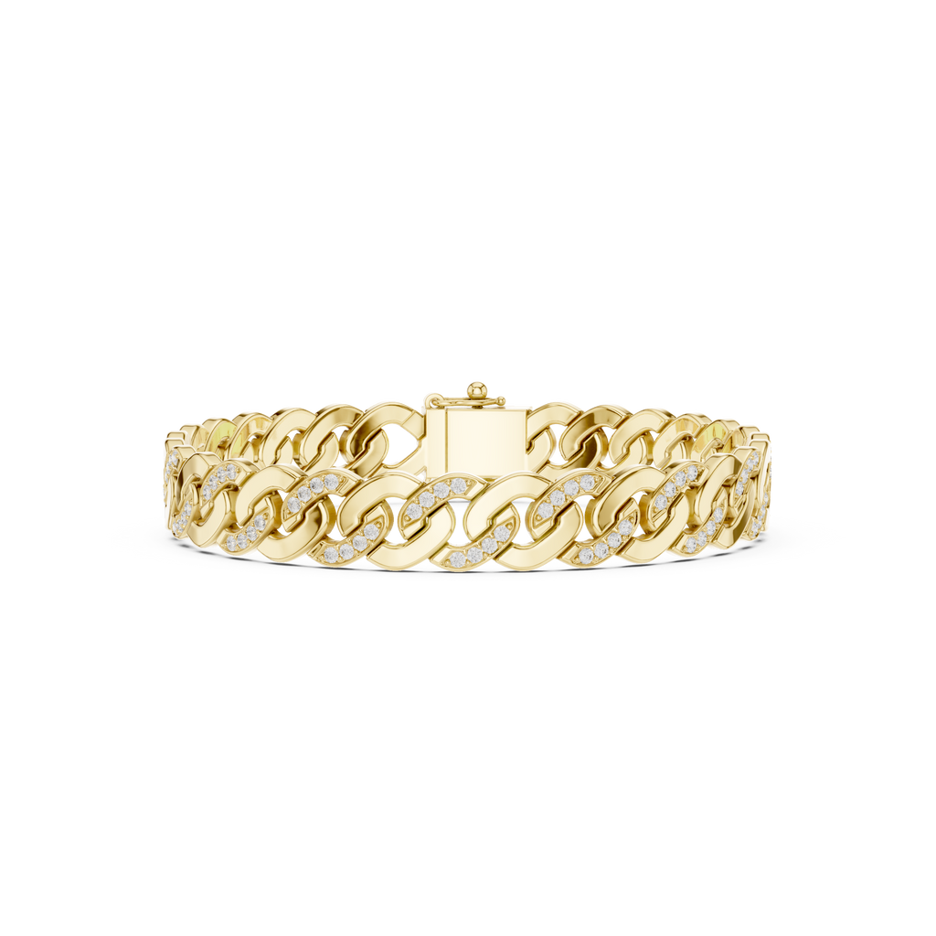 Yellow gold diamond Cuban link bracelet, frontal view with round pavé diamonds on links.