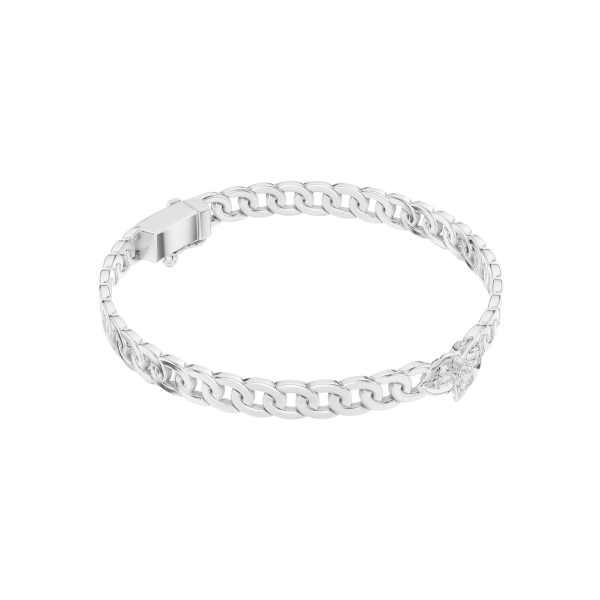 White gold diamond curb link bracelet with smooth curb links and clasp ends.