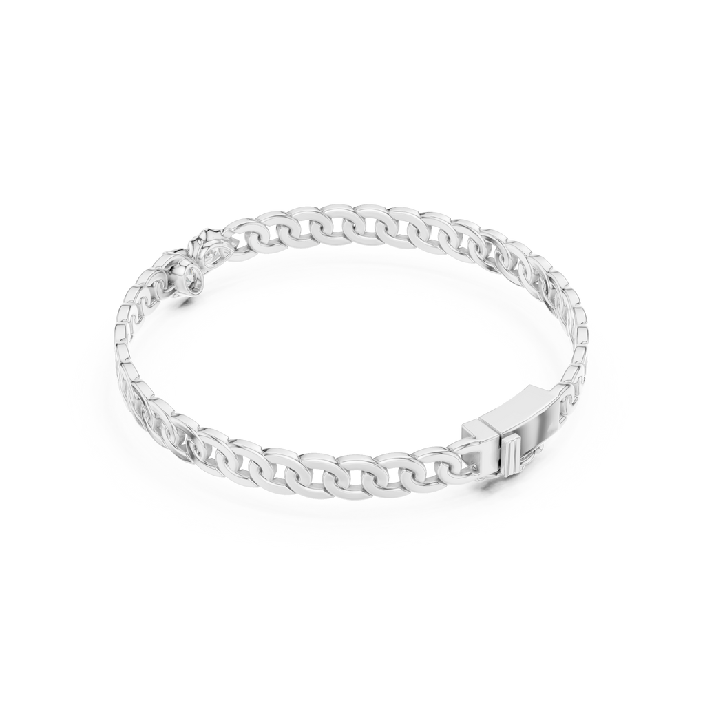 White gold diamond curb link bracelet with hinge clasp and open link detail.